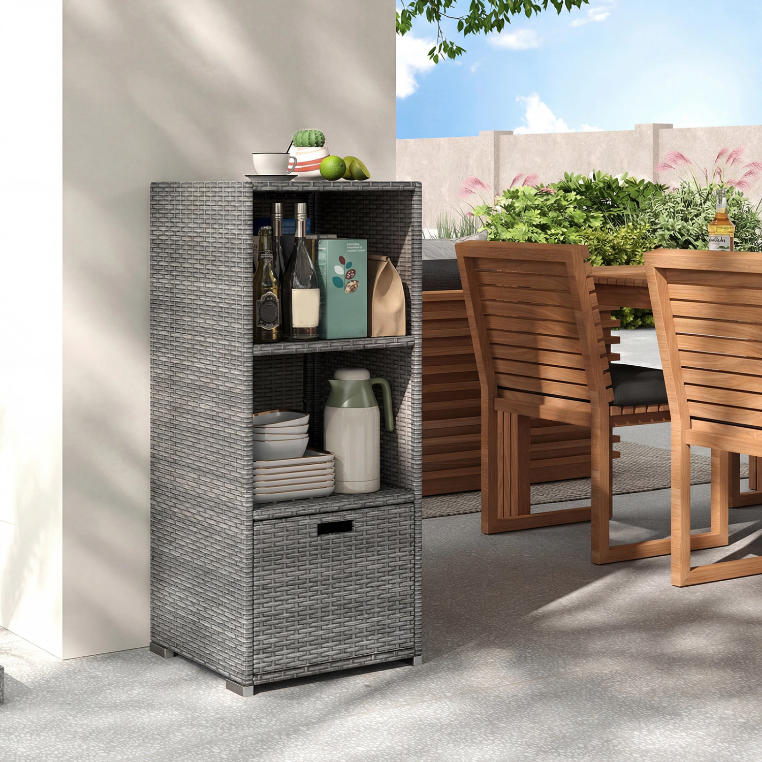 SUGIFT Hand-Woven PE Rattan Outdoor Storage Cabinet Removable Drawer 3 Shelves 43-in Tall 19.5-in Wide 27.5-lb Gray
