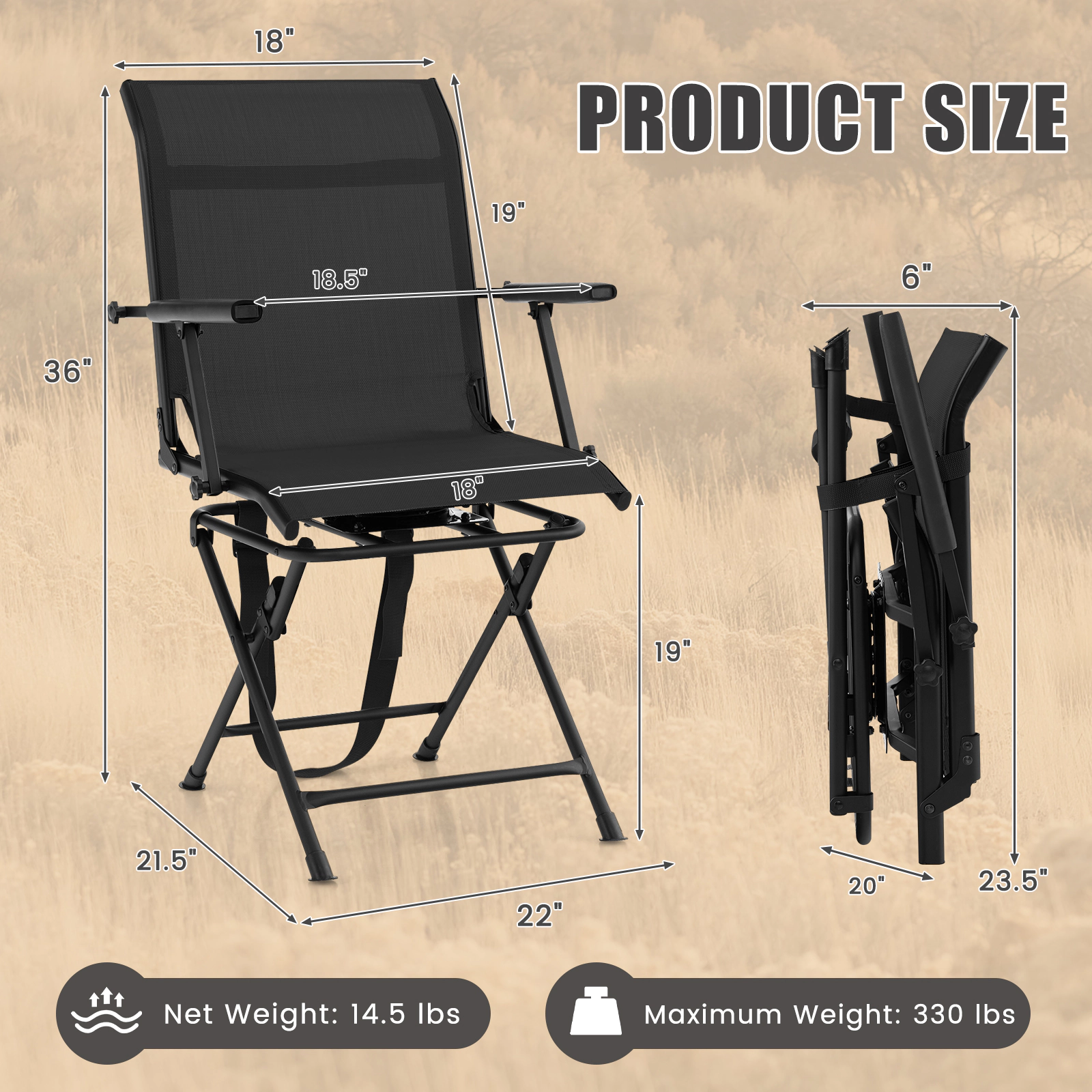 SUGIFT Foldable 360-Degree Swivel Hunting Camping Chair with Armrest 330-lb Capacity Black Coffee