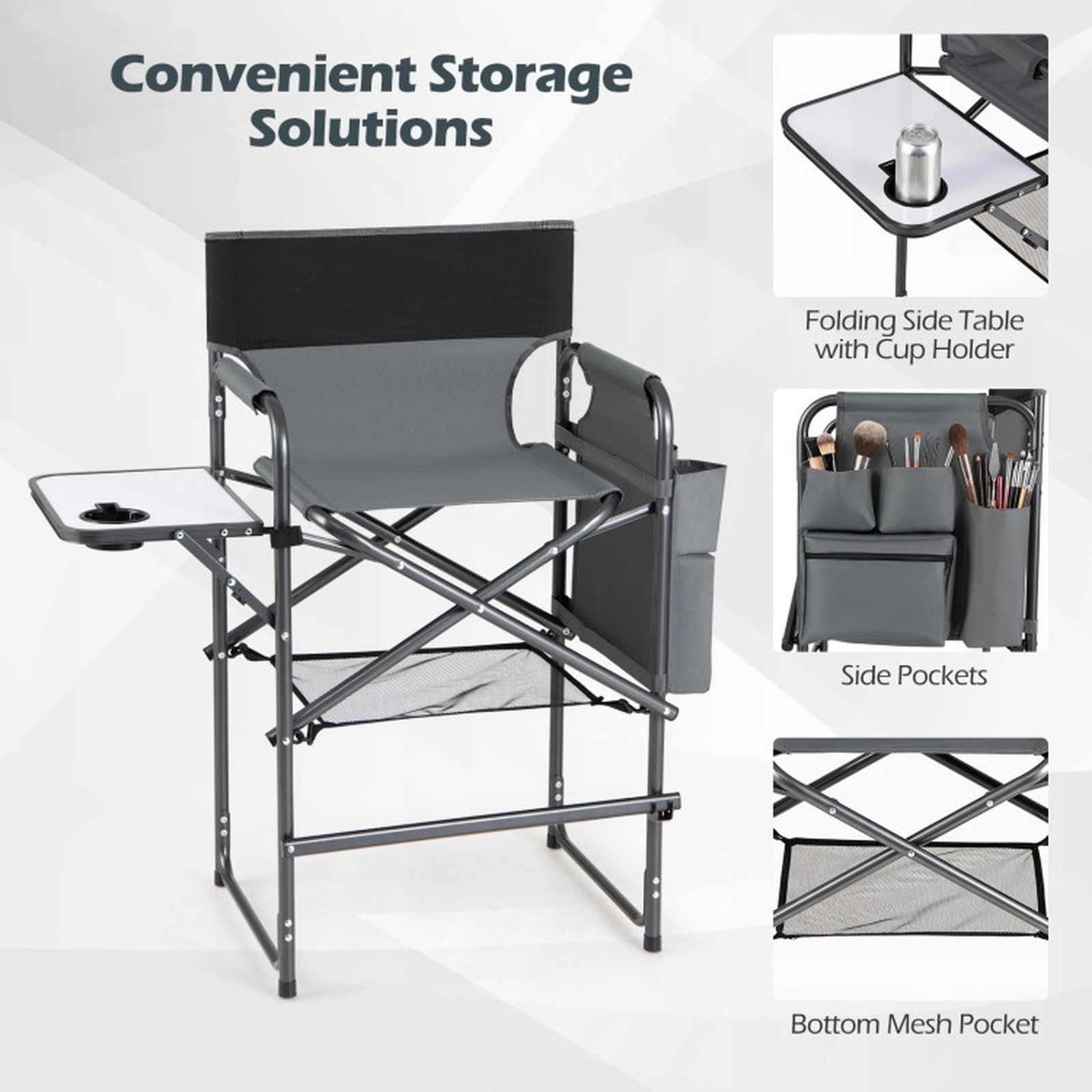 SUGIFT Folding Tall Director Camping Chair 26-in Seat Height 350-lb Capacity with Side Table Gray Black White
