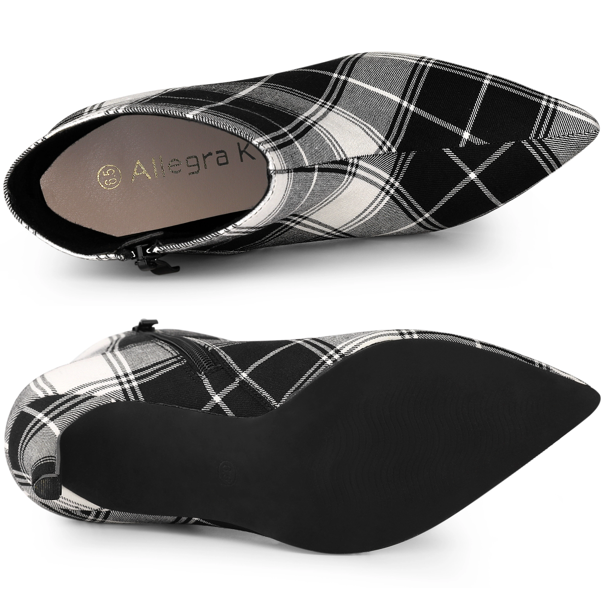 BLISSFUL STEP Women Plaid Pointed Toe Side Zip Stiletto Heel Ankle Boots