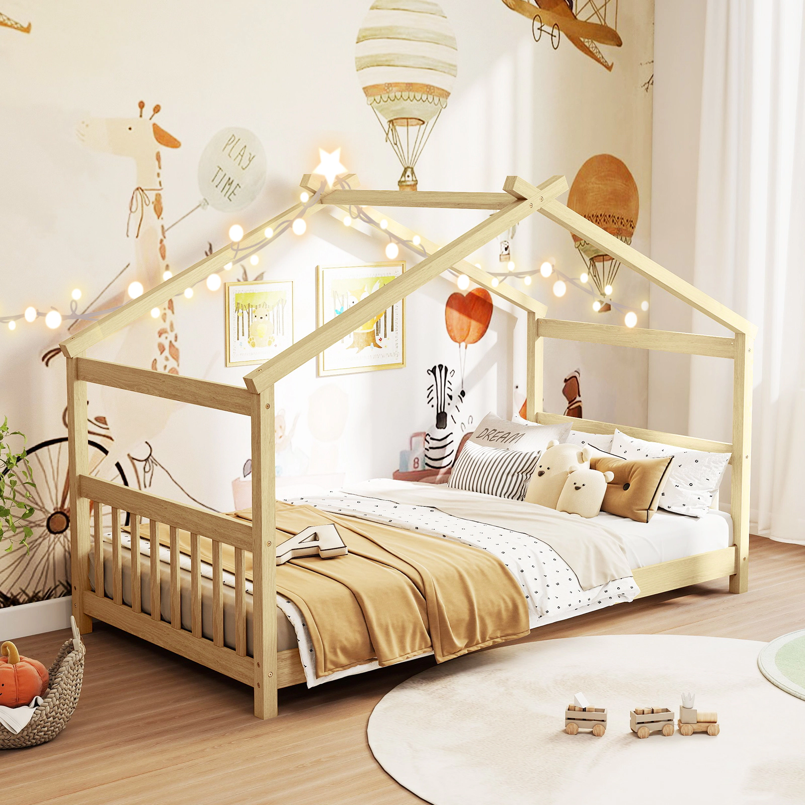 SUGIFT Twin Size Wooden House Bed Frame with Roof 350-lb Capacity Pine Wood Plywood 82-in Long White/Natural