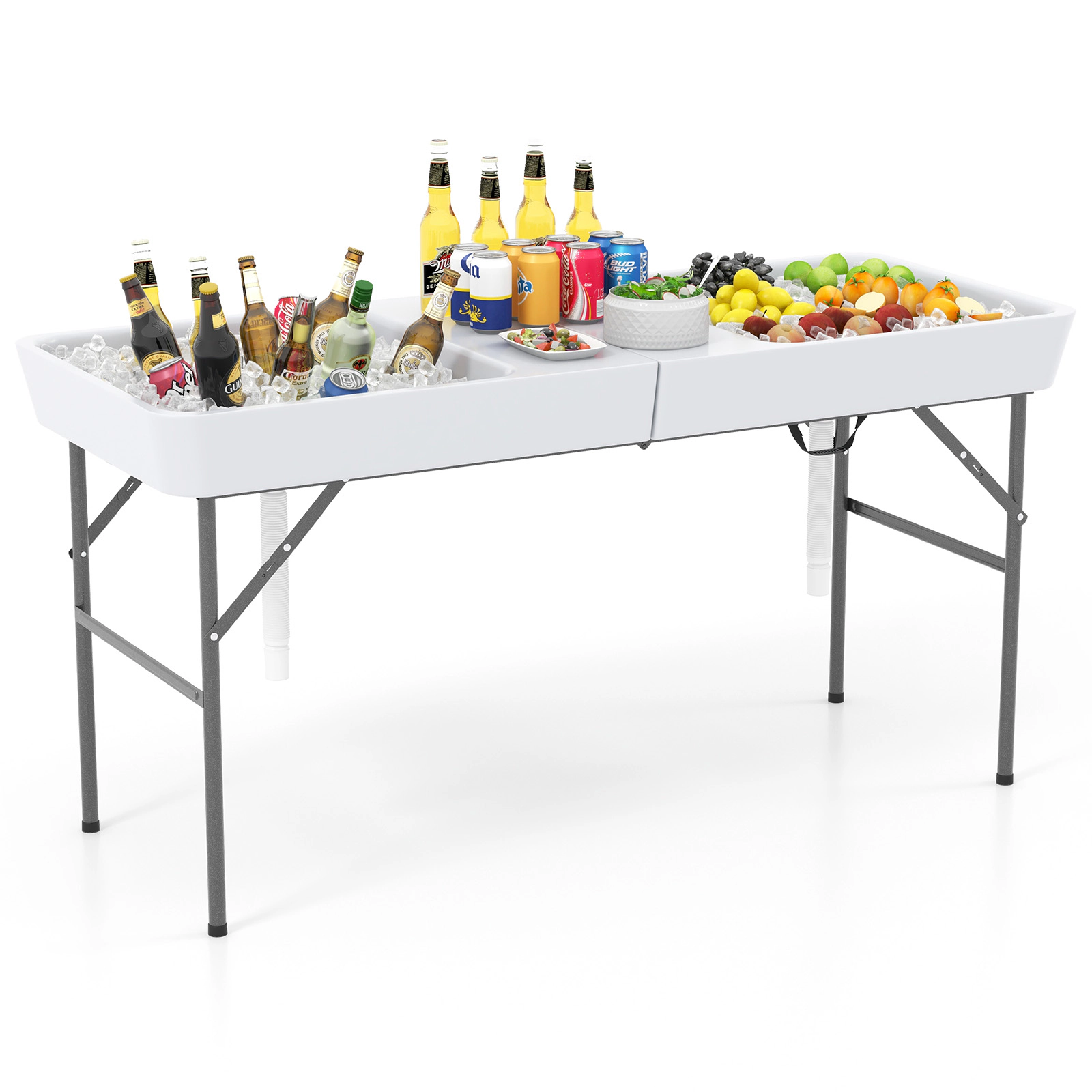 SUGIFT 5-Ft White Folding Ice Cooler Table with Double Sinks and Skirt 59-in W 24-in D 31-in H 110-lb Per Ice Bin