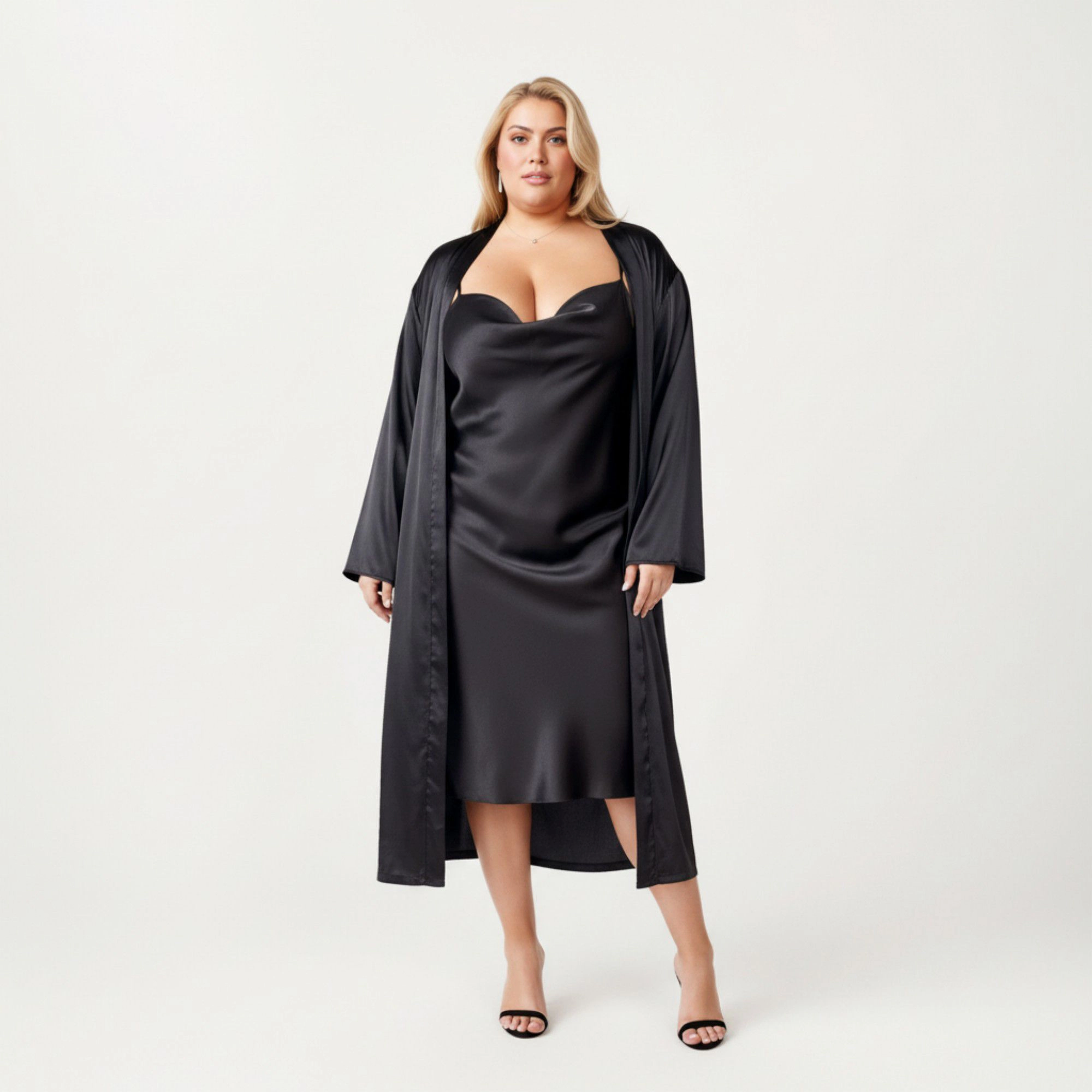 Anna-Kaci Women's Satin Slip Dress and Long Robe Set with Draped Neckline Elegant Flowing Open Front Layered Design