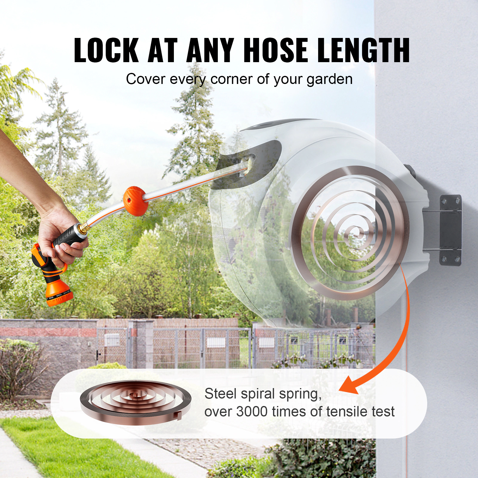 HONGGE Retractable Garden Hose Reel, 1/2 in x 130 ft, Wall-Mounted, Auto Rewind, 9-Pattern Nozzle, 180 Swivel Bracket