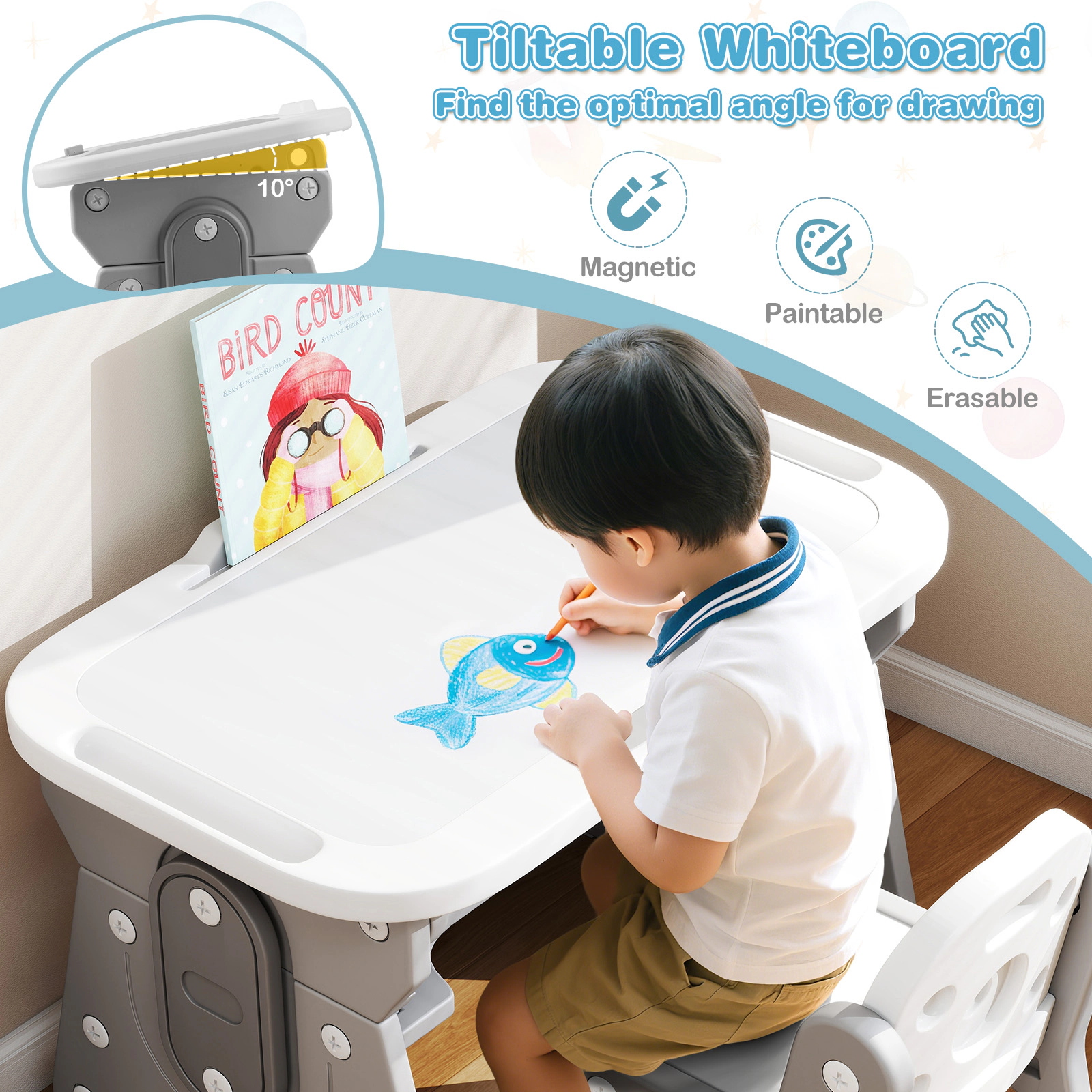 SUGIFT Height Adjustable Kids Table and Chair Set with Tiltable Whiteboard and Concave Shelf 66-lb Tabletop Blue/Gray
