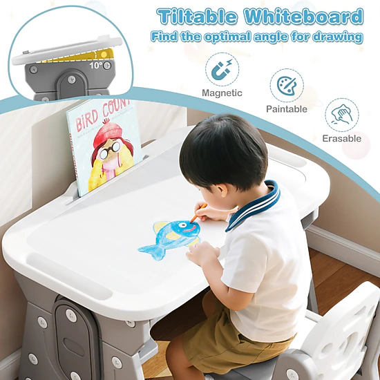 SUGIFT Height Adjustable Kids Table and Chair Set with Tiltable Whiteboard and Concave Shelf 66-lb Tabletop Blue/Gray