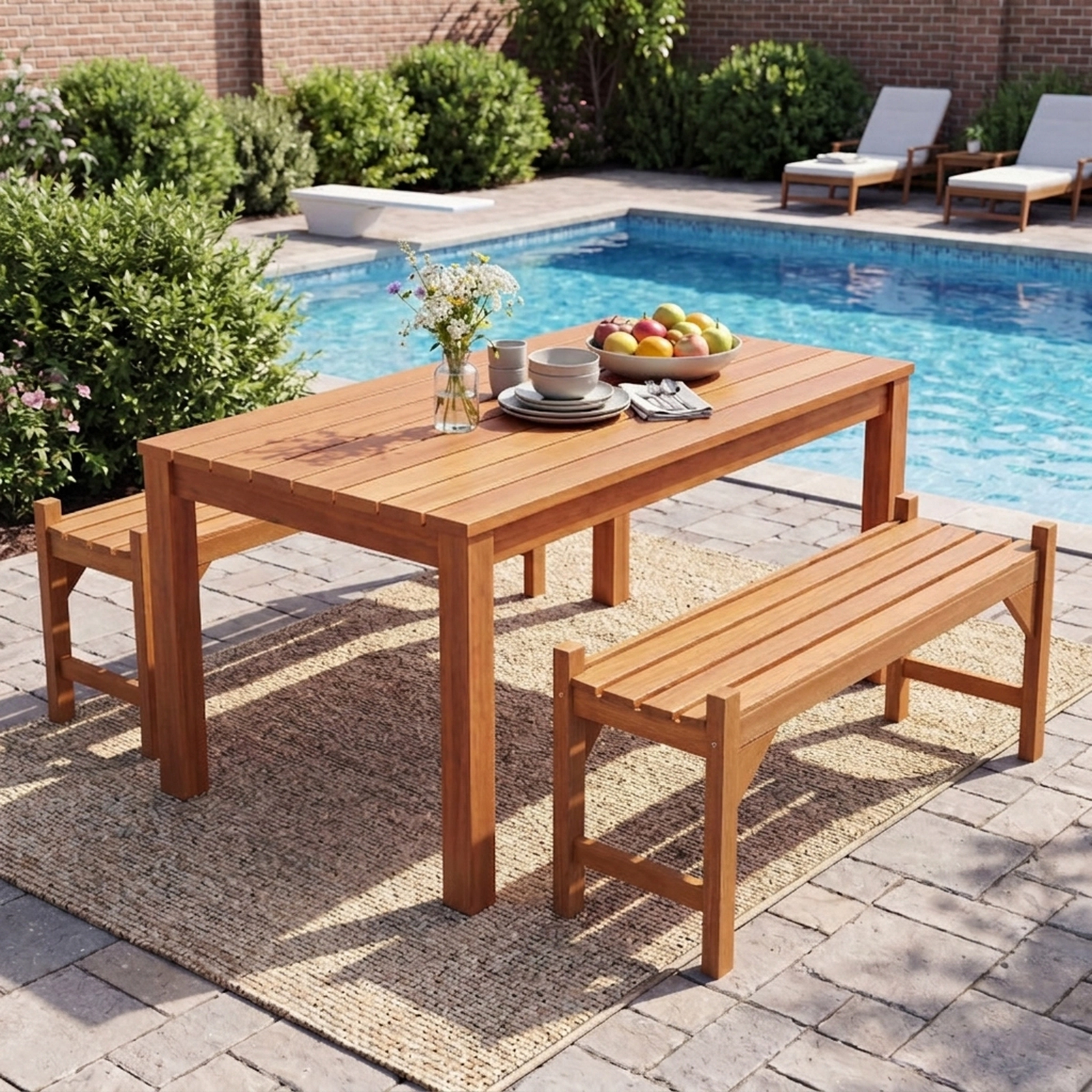 SUGIFT 40-in Outdoor Solid Hardwood Bench Set with Slatted Contoured Seat 530-Lb Capacity Natural Set of 2