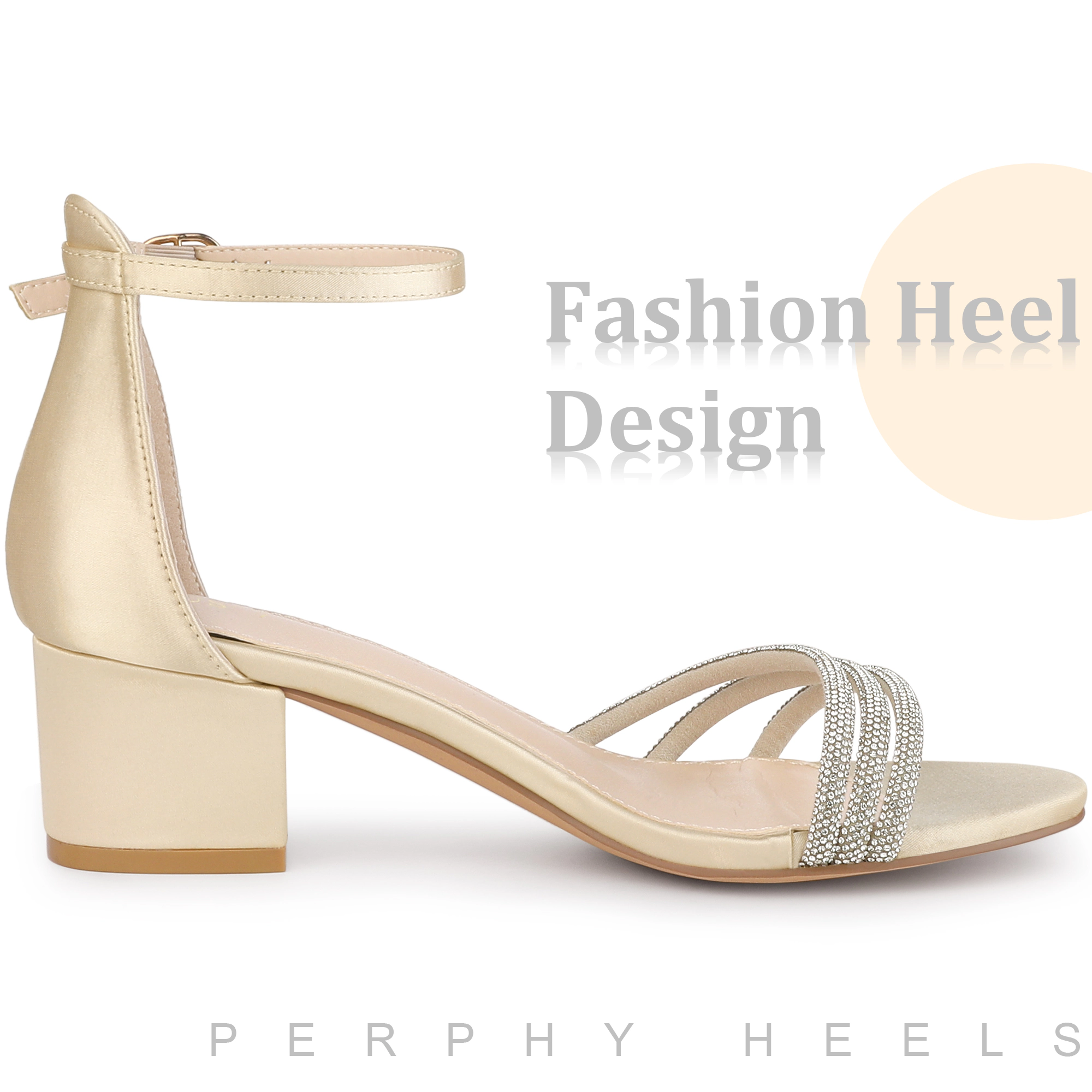 BLISSFUL STEP Women's Satin Rhinestones Open Toe Chunky Heel Sandals