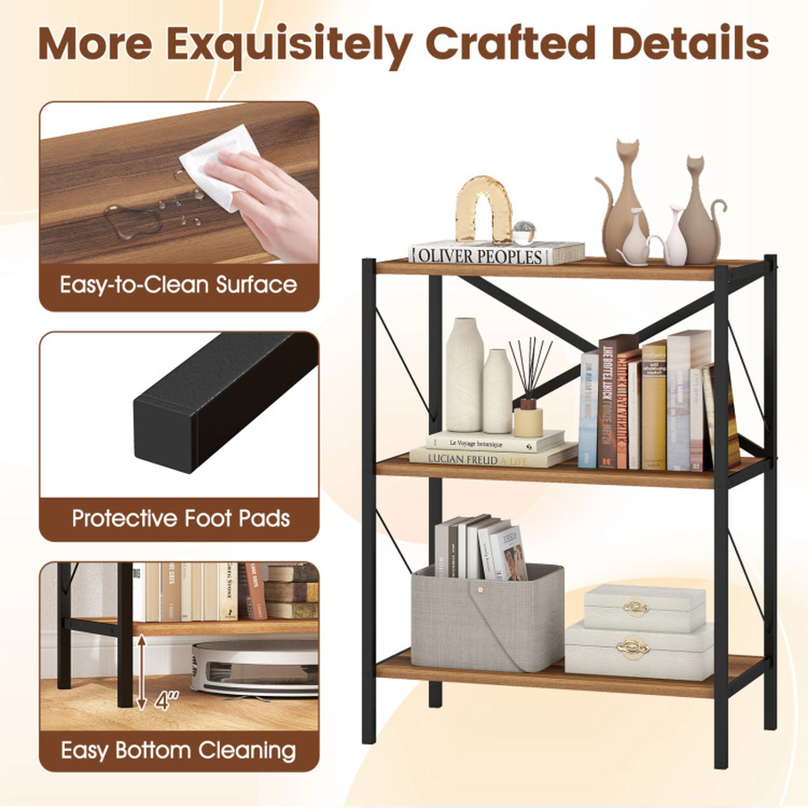 SUGIFT 3-Tier Walnut 33.5-in Short Bookshelf with Heavy-Duty Metal Frame X-Brace and 4-in Clearance