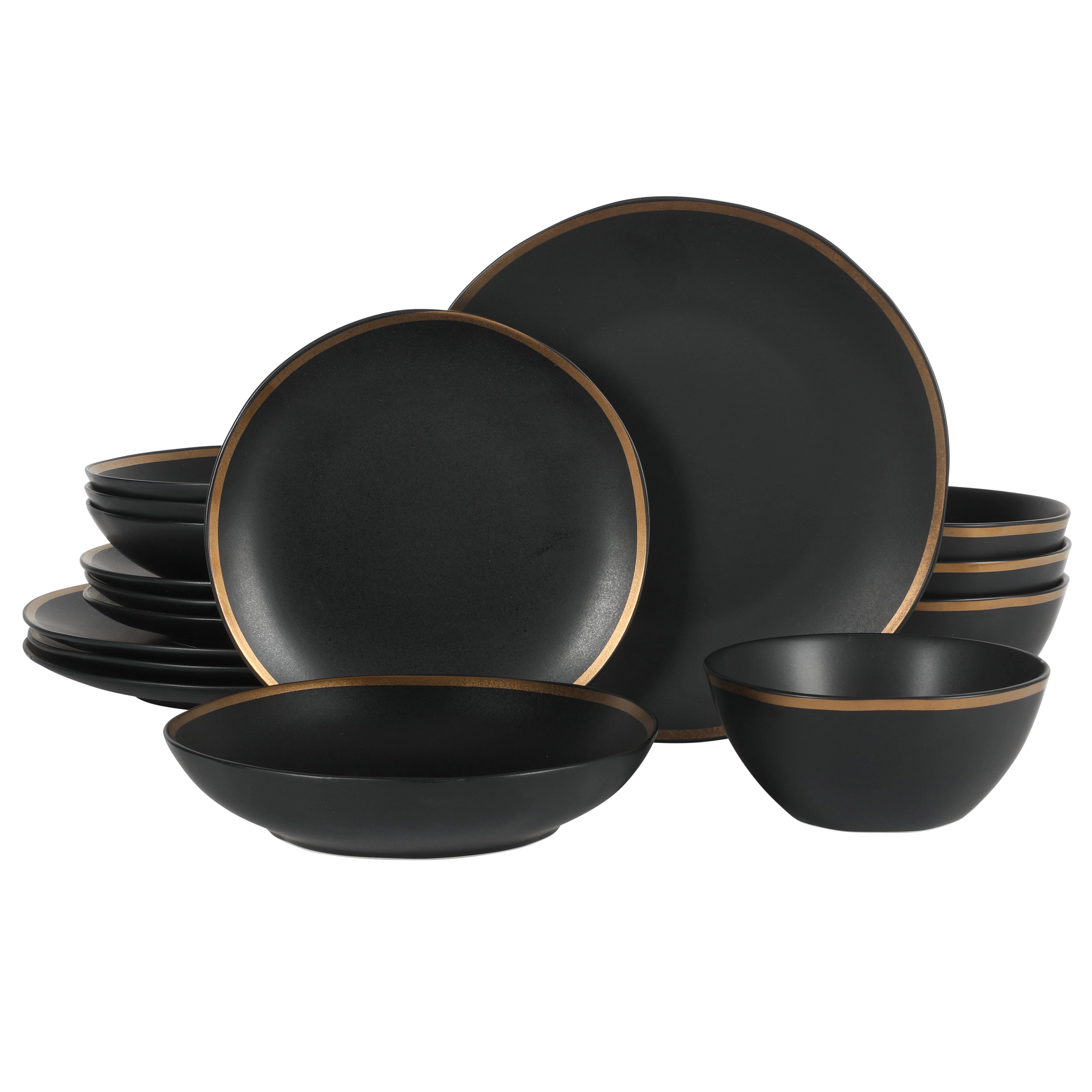 Gibson Elite 16 Piece Kings Road Gold Rimmed Porcelain Double Bowl Dinnerware Set in Matte Black