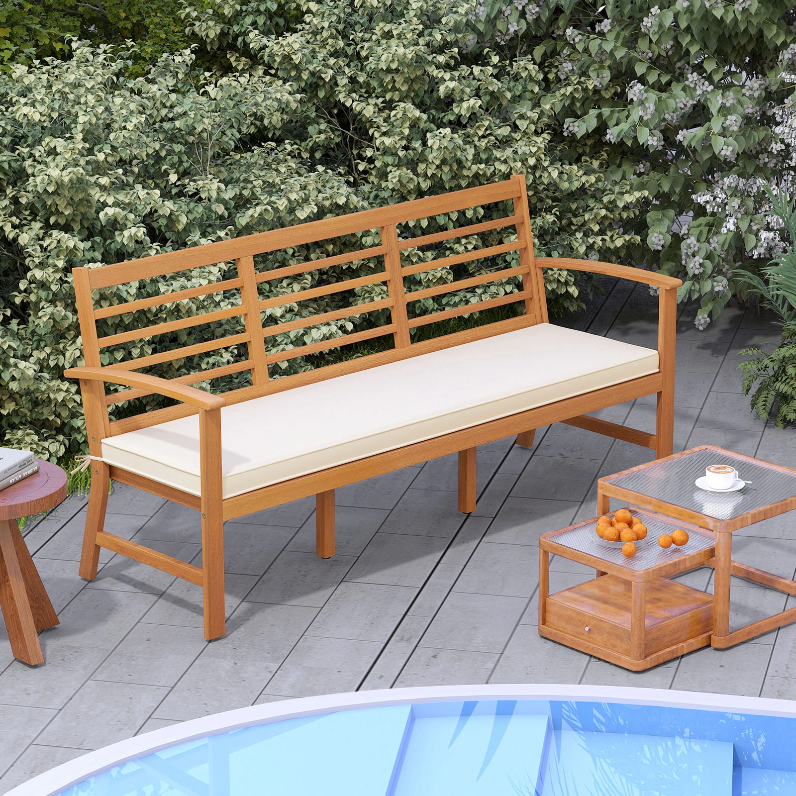 Hivvago Patio 64 Inch Wood Bench with Seat Cushion and Slatted Seat for Backyard