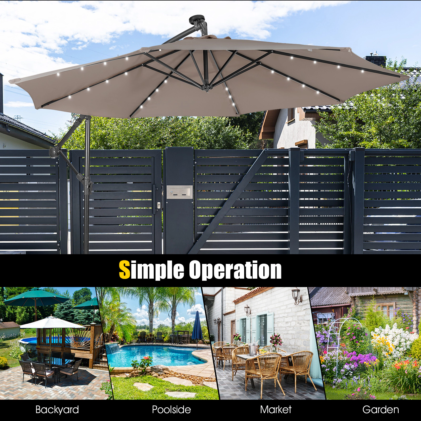 SUGIFT 10-ft Coffee Square Cantilever Patio Umbrella with 32 Solar LED Lights