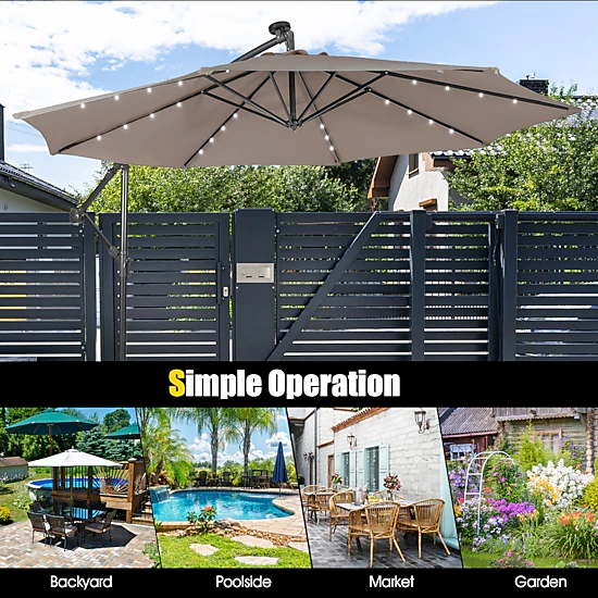 SUGIFT 10-ft Coffee Square Cantilever Patio Umbrella with 32 Solar LED Lights