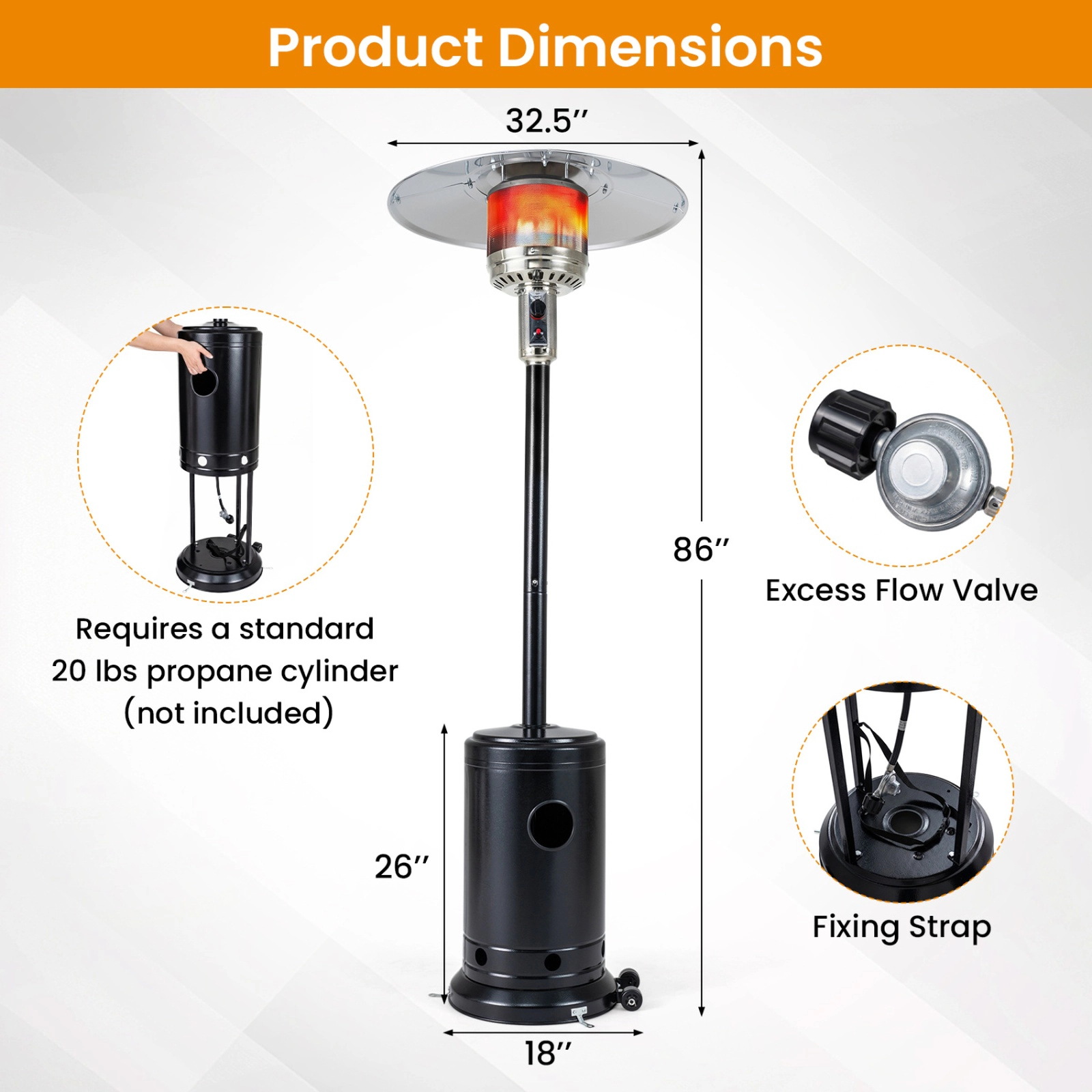 SUGIFT 50000-BTU Black 20-ft Coverage Propane Patio Heater with Stainless Steel Burner and Built-in Wheels