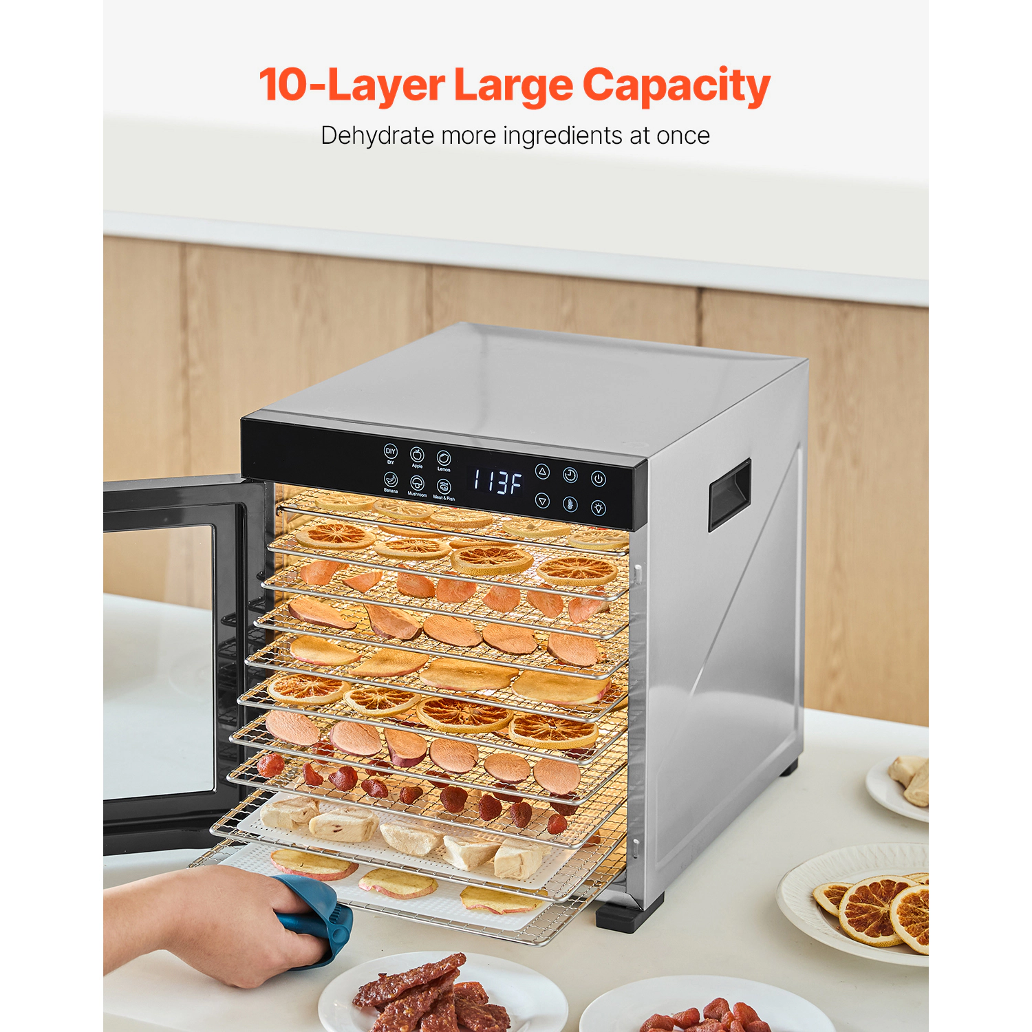 HONGGE Food Dehydrator Machine, Stainless Steel Trays, Electric Dryer with Adjustable Temperature & 24-Hour Timer