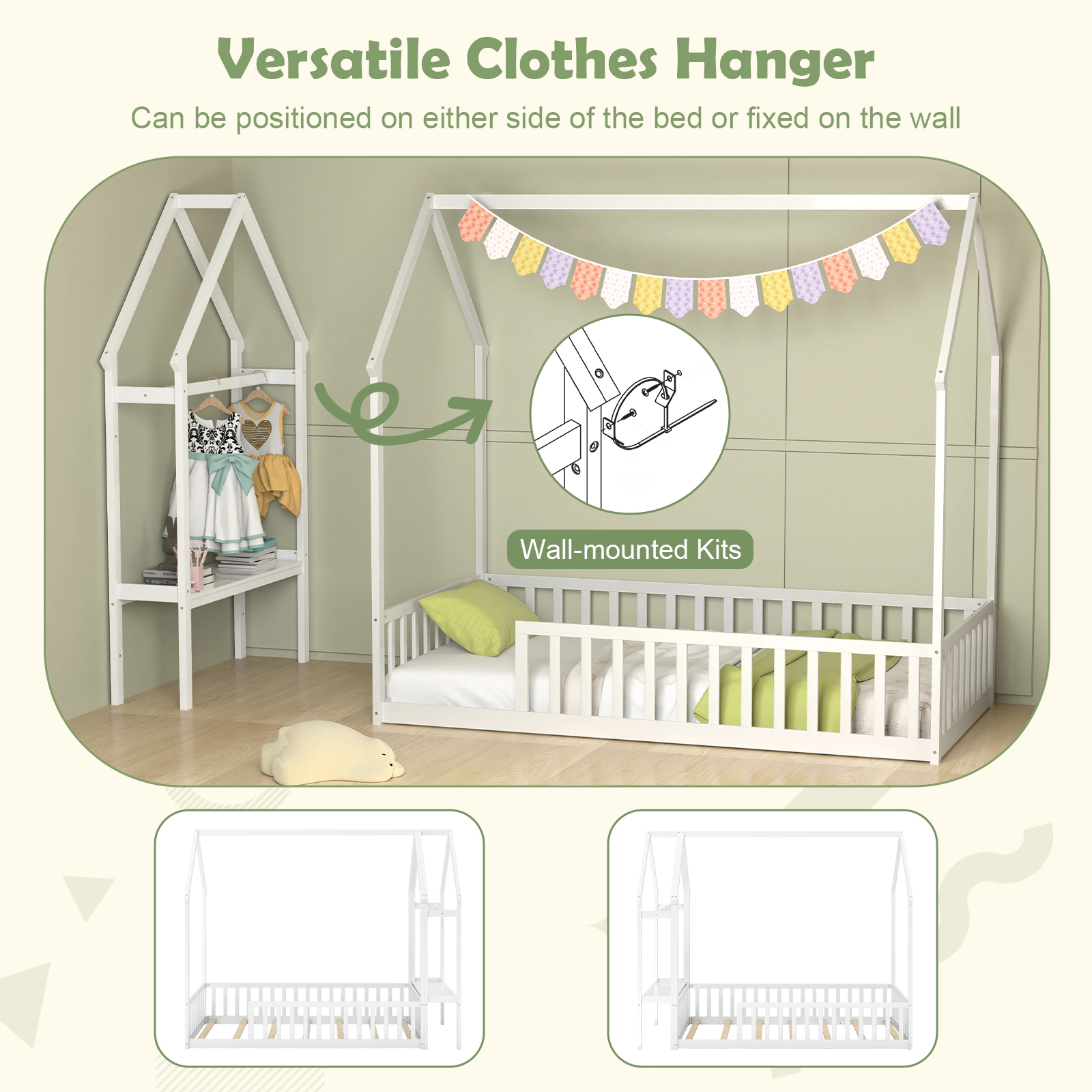 SUGIFT White Storage Shelf and Reversible Clothes Hanger Twin Kids House Floor Bed