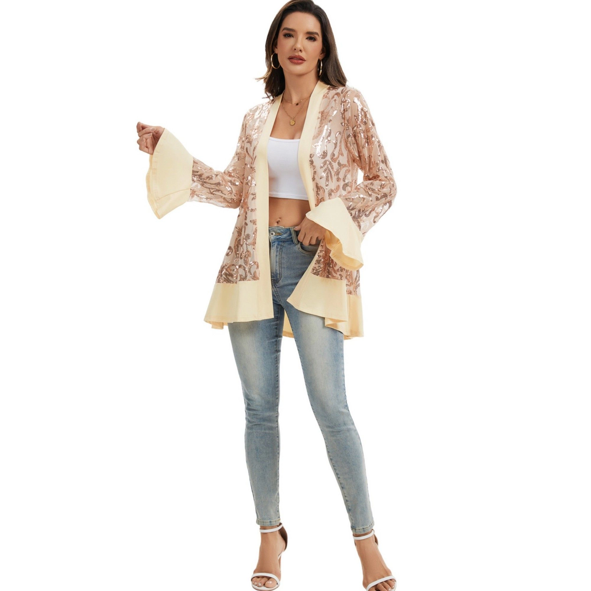 Anna-Kaci Women's Sequin Mesh Cardigan with Sheer Embellished Sleeves and Flowing Open Front Design for Layering Style
