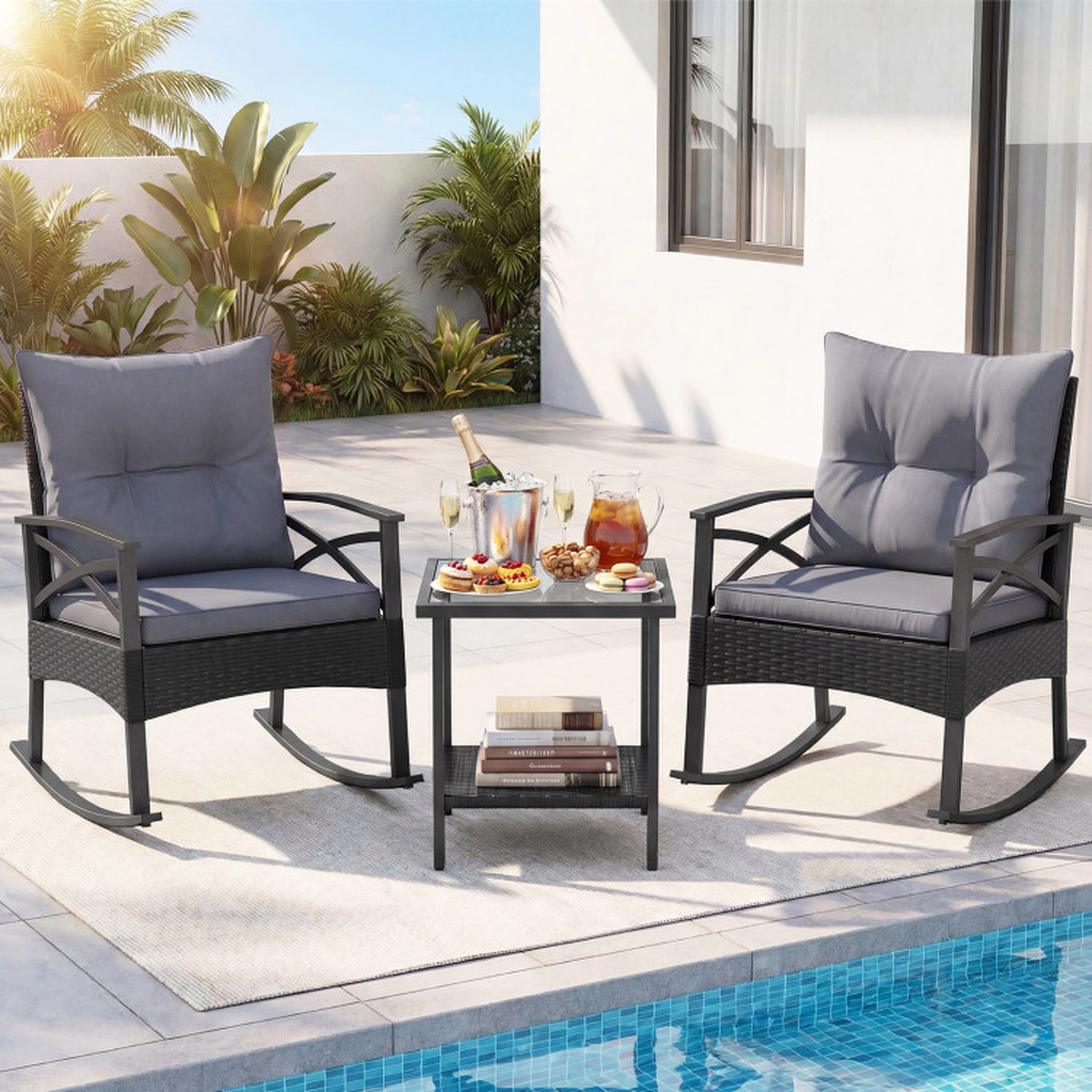 SUGIFT 3-Piece Outdoor Rattan Rocking Conversation Set Rocking Chairs & 2-Tier Side Table 400-lb Chair Capacity Black