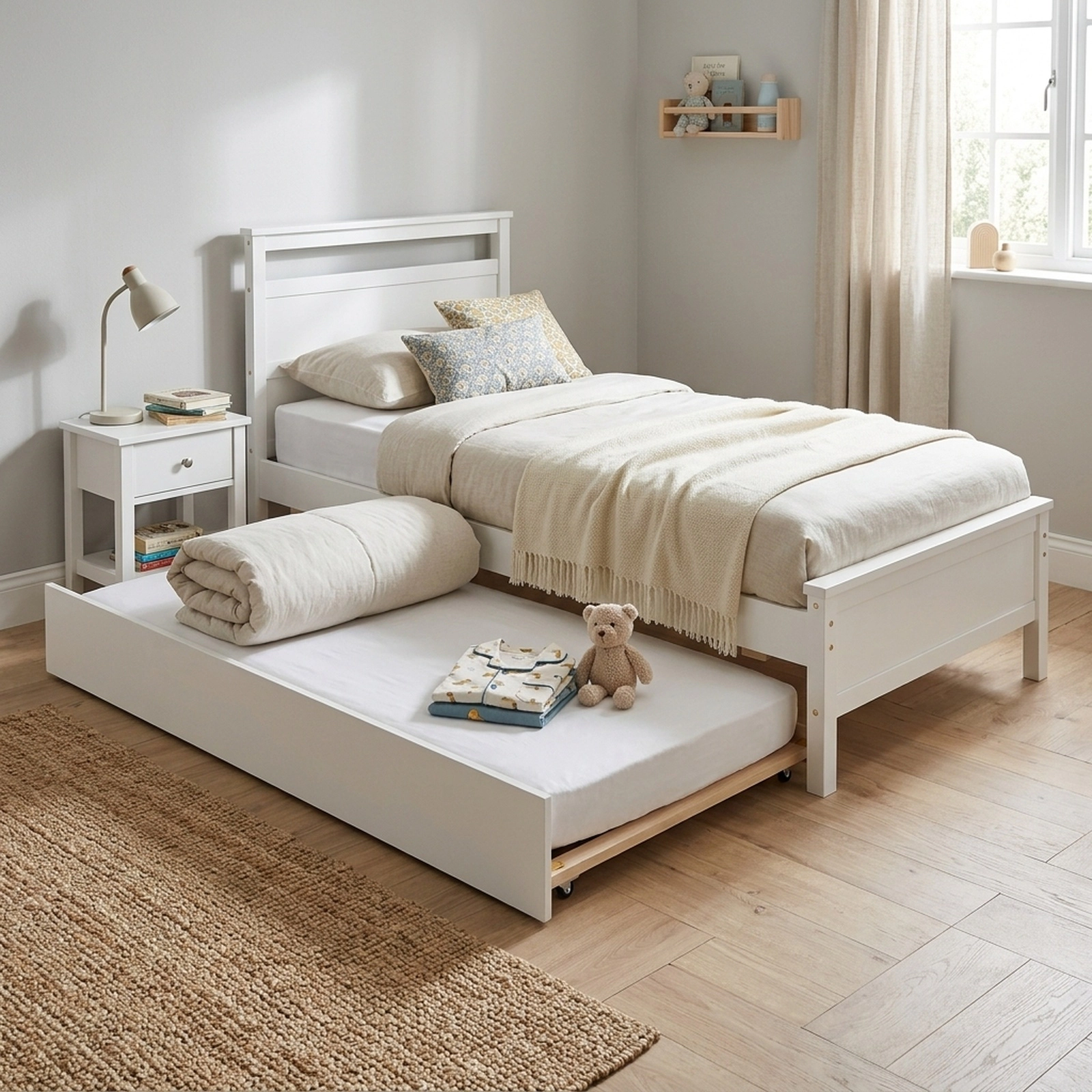 SUGIFT Twin Wood Platform Bed with Pull-Out Trundle, White, 200-Lb Capacity per Bed