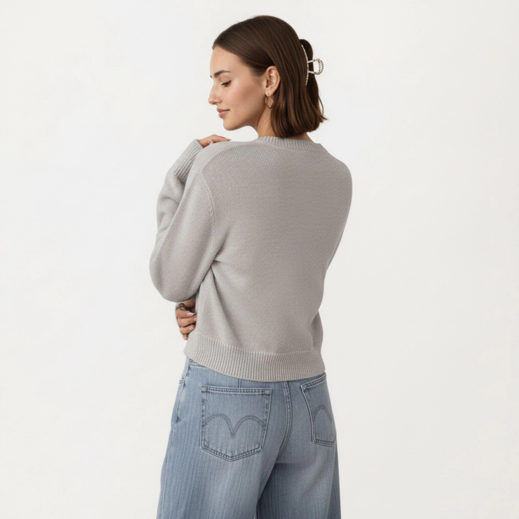 Anna-Kaci Women's Soft Knit Button Front Cropped Cardigan with Ribbed Trim Details and Relaxed Long Sleeves