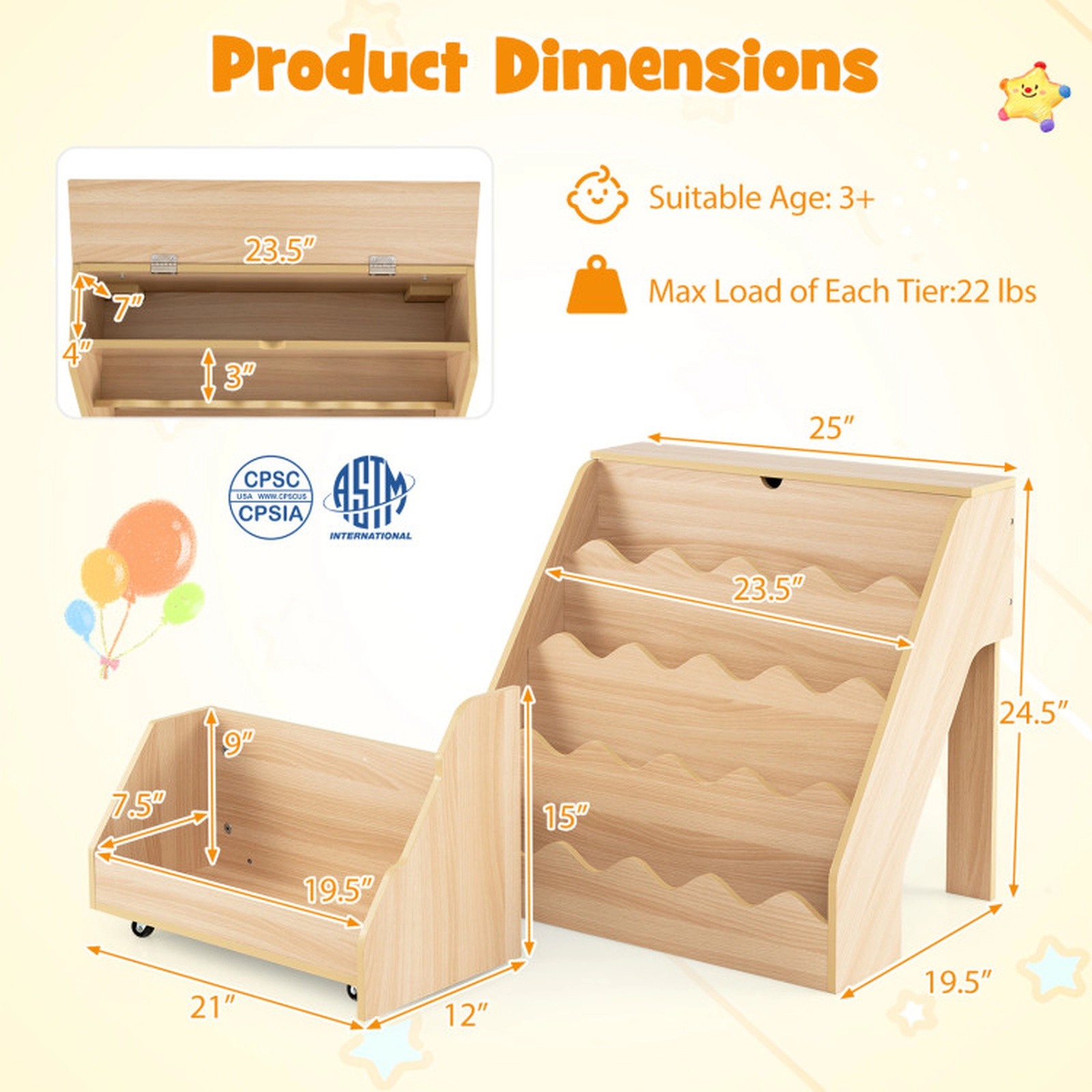 SUGIFT Kids 2-in-1 4-Tier Rolling Drawer Cart Flip Top Box Toy Storage Bookshelf 24.8-in x 19.29-in x 24.21-in Natural