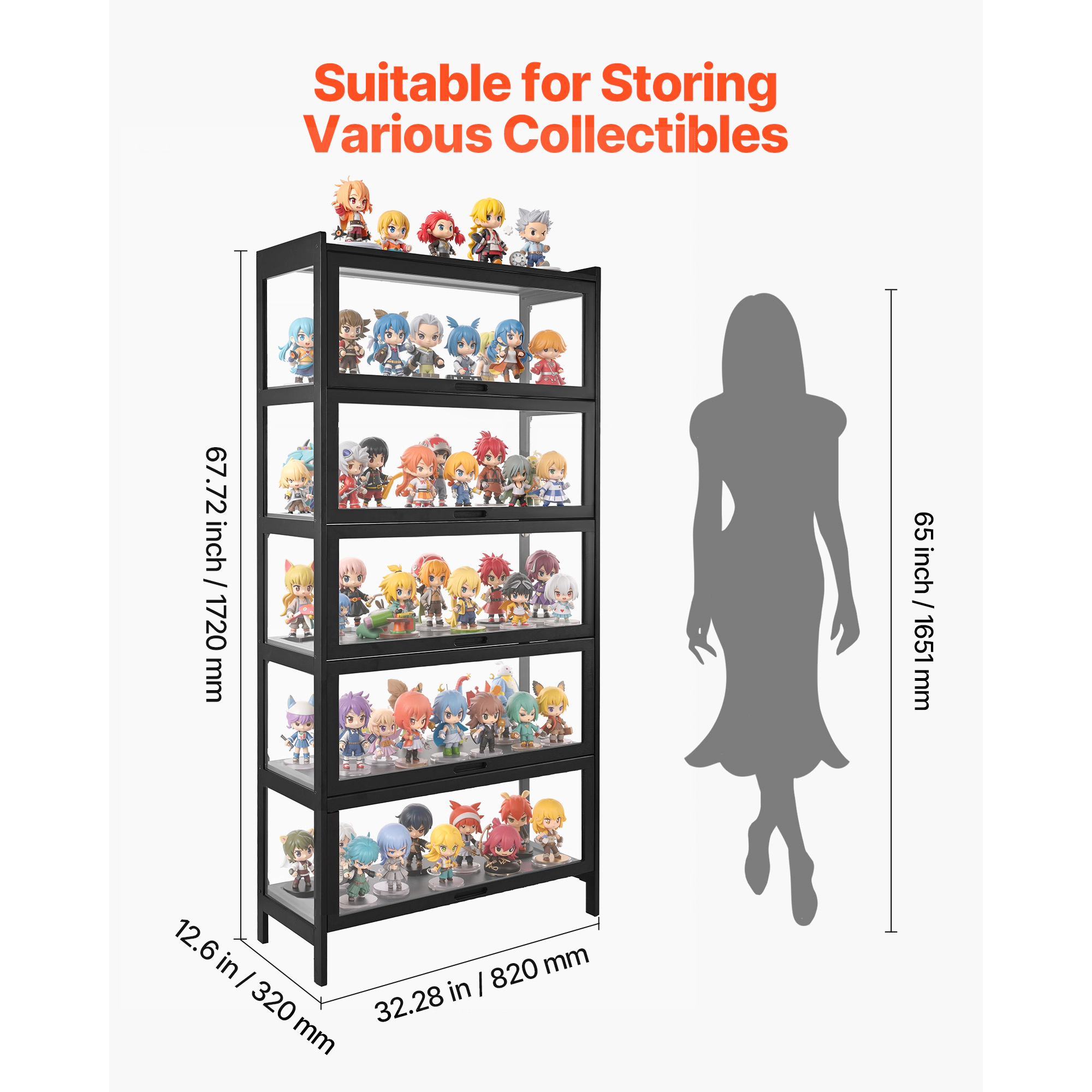 HONGGE 5-Tier Curio Cabinet with Acrylic Doors, 68 in Tall Natural Wood Frame Display Case for Collectibles