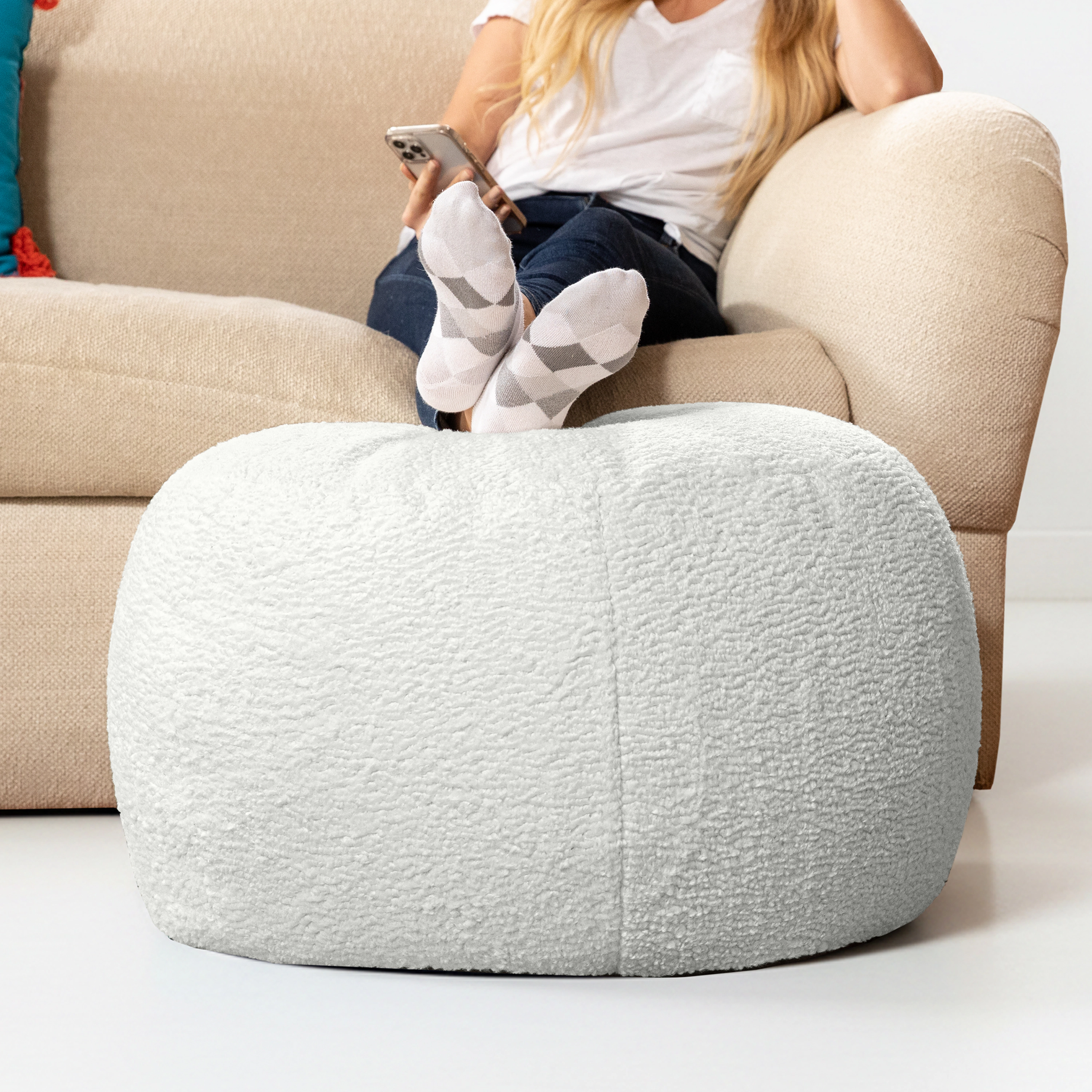 Jaxx Ellis Ottoman Shearling Faux-Lamb Plush Pouf for Modern Interior Design, Large