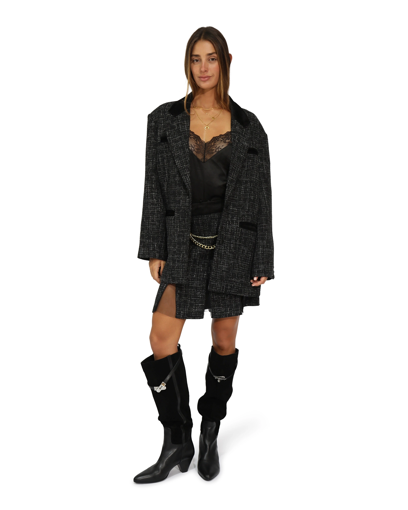 Belle & Bloom City Noir Tweed Oversized Blazer