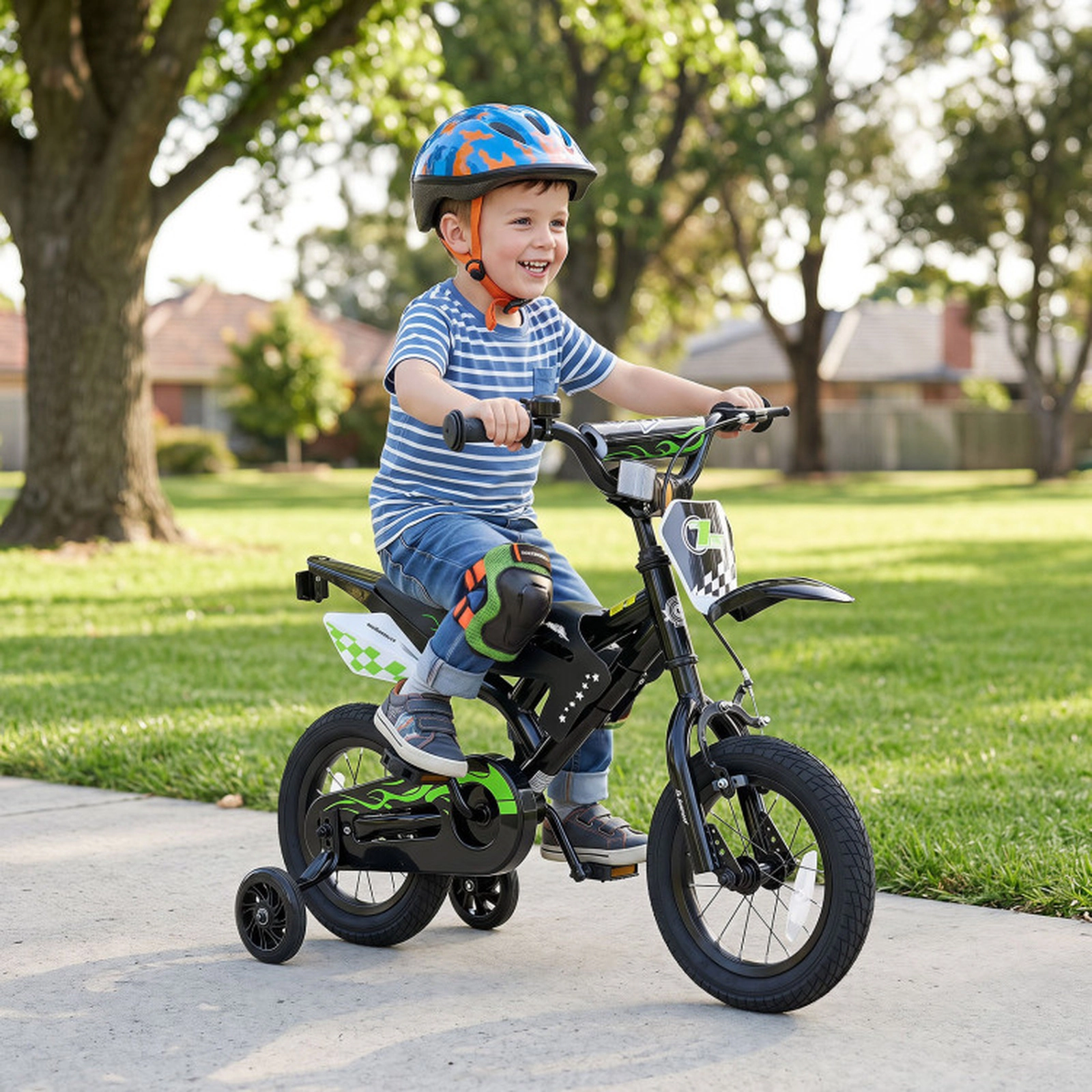 SUGIFT Motorcycle-Inspired 12-Inch Kids Bicycle with Training Wheels 143-lb Capacity Ages 3-4 Years 36-in Frame Black