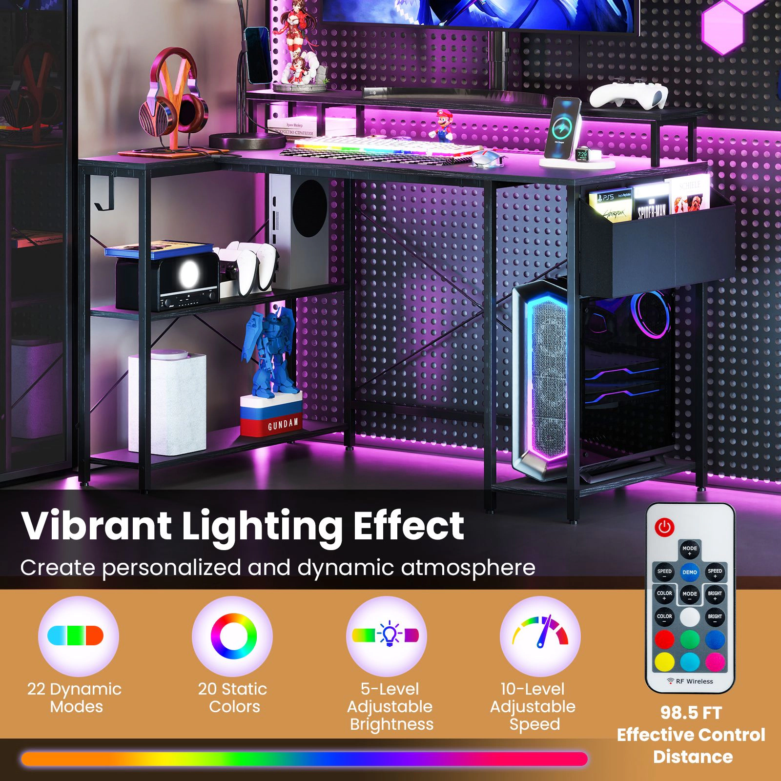 SlickBlue L Shaped Gaming Desk with LED Lights Charging Station Storage