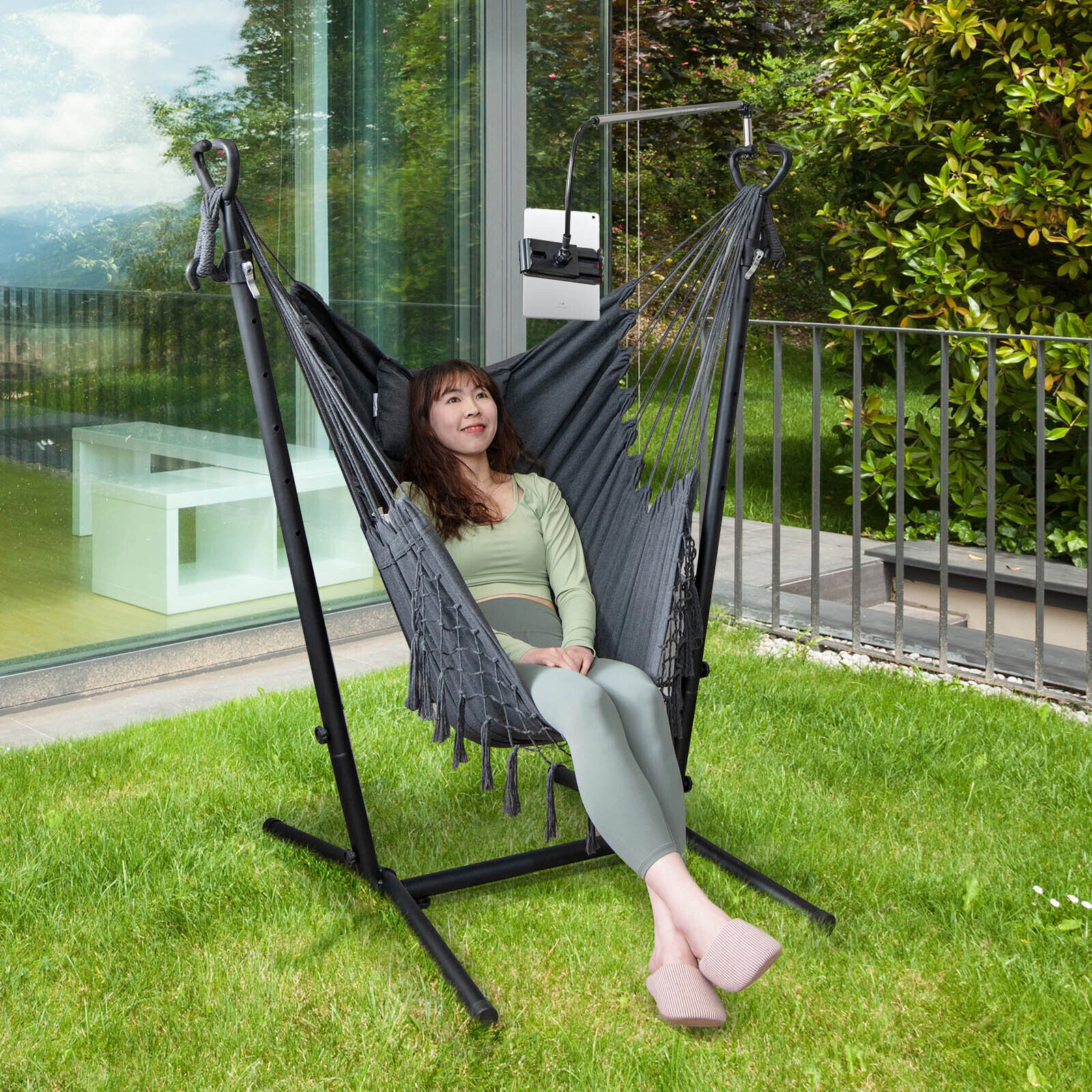 SUGIFT Height Adjustable Hammock Chair with 119° U-Shaped Stand, Phone Holder and Side Pocket 550-lb Capacity Gray