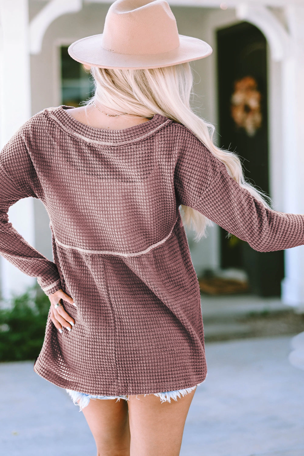 Threaded Pear Liana Waffle Knit V Neck Long Sleeve Babydoll Top