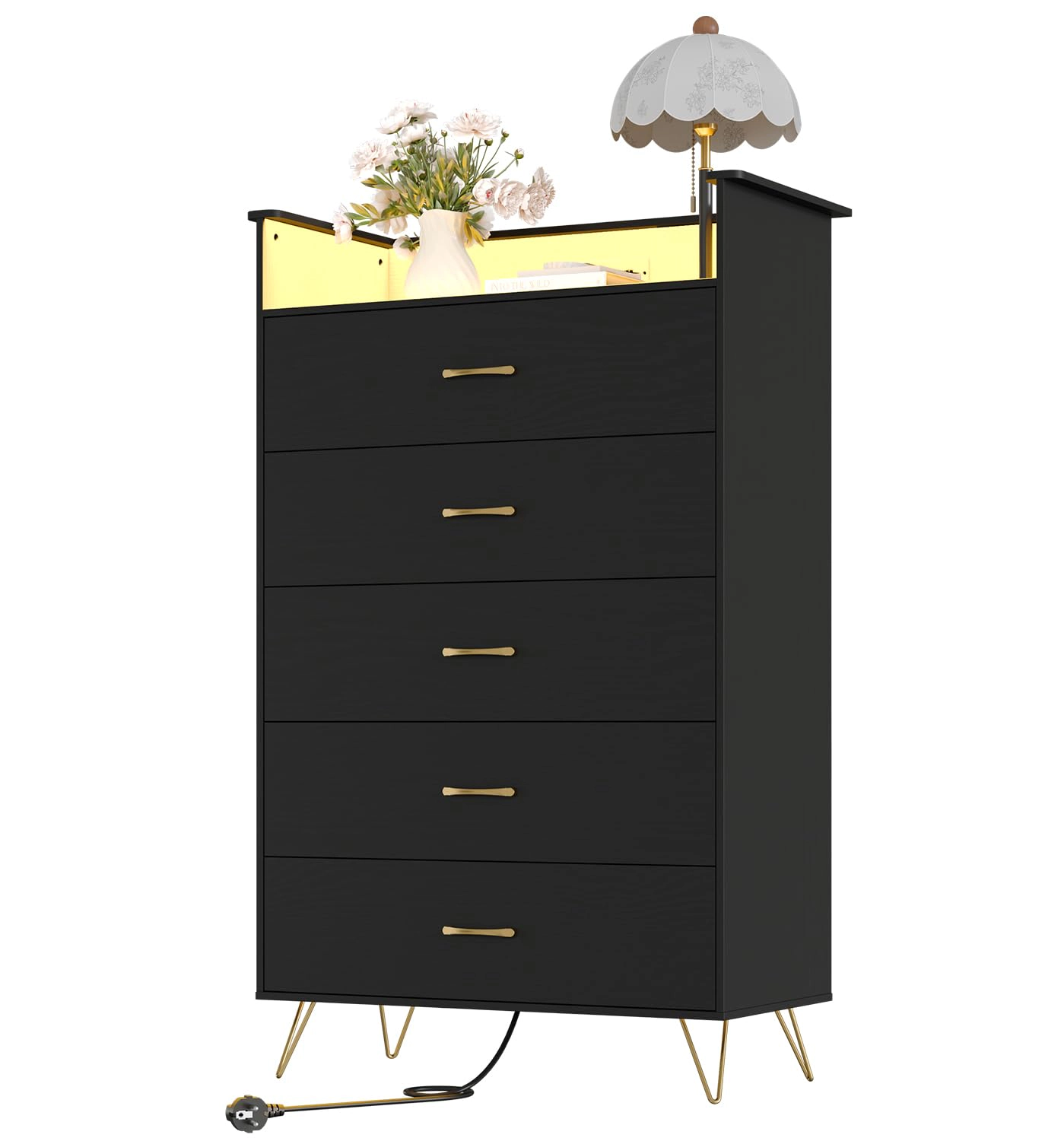 53" Tall 5 Drawer Dresser with RGB LED Lights & Charging Station, App Controlled Wood Chest
