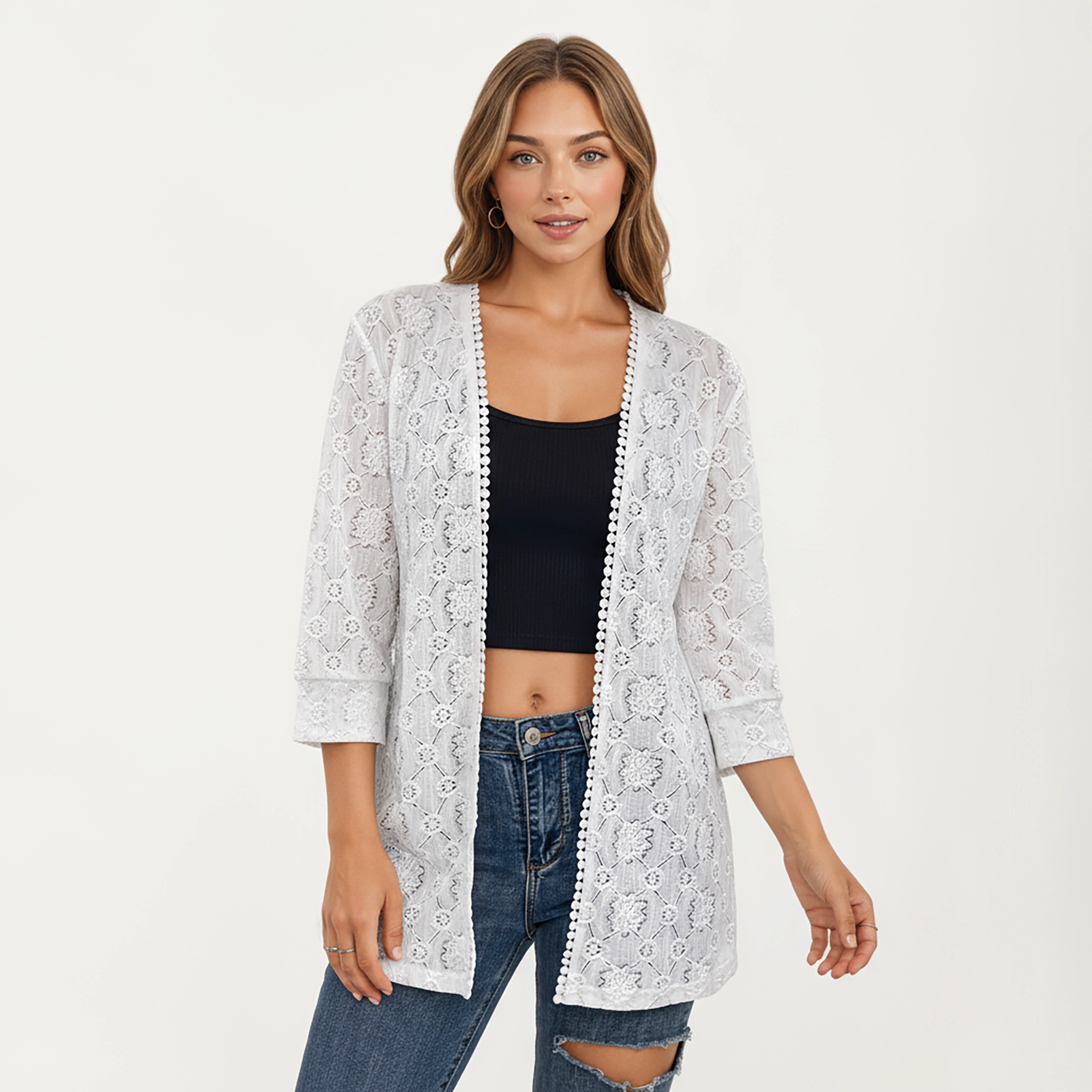 Anna-Kaci Women's 3/4 Sleeve Open Front Lace Cardigan with Floral Crochet Detailing