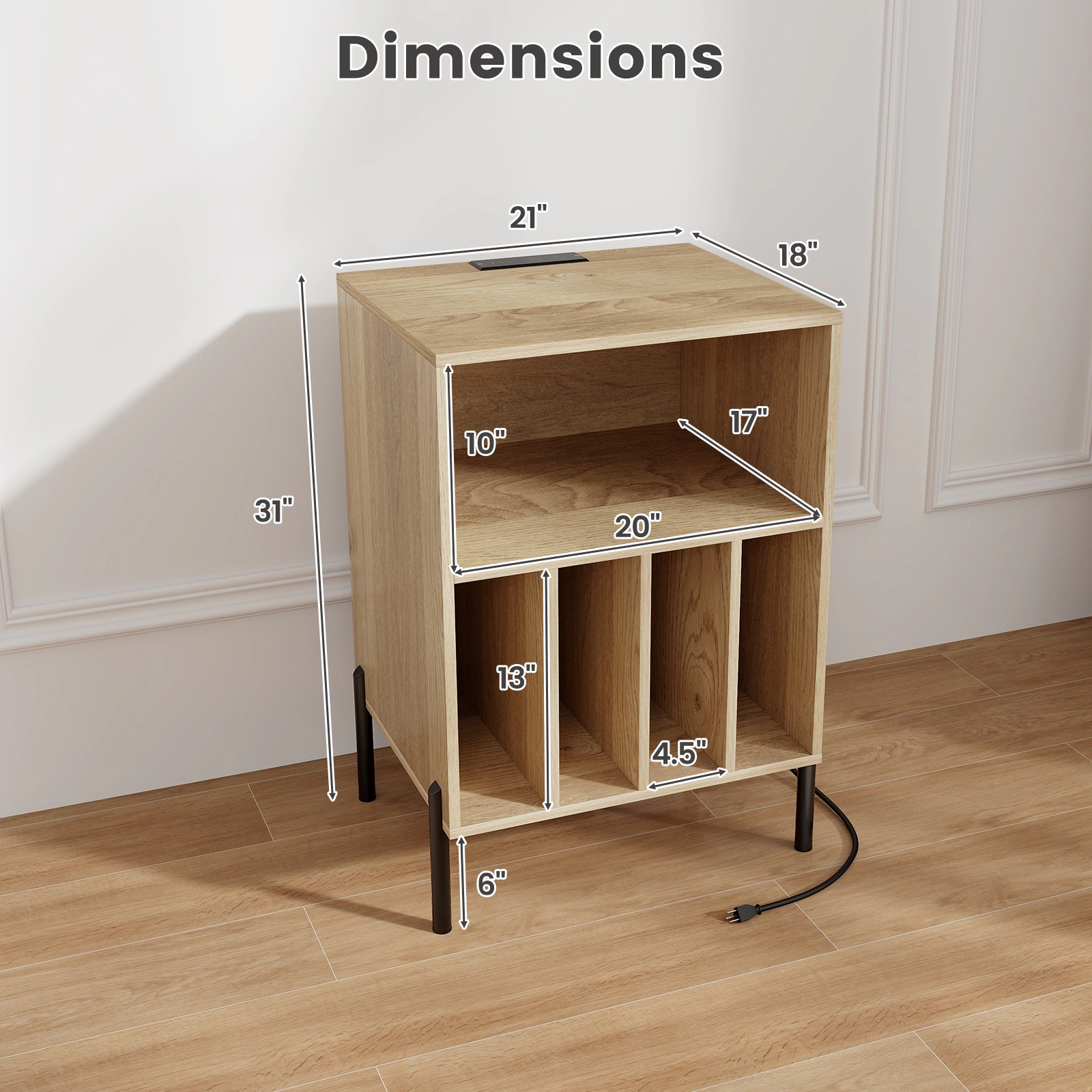SUGIFT 21-Inch Natural Record Player Stand with Vinyl Storage and Charging Station
