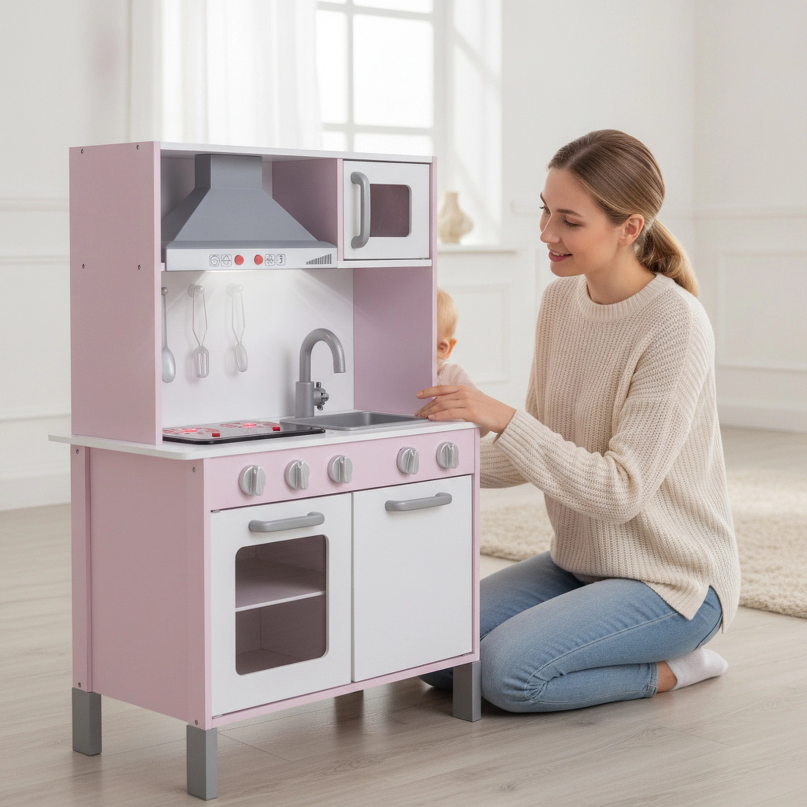 Pretend Play Kitchen 3-Position Adjustable Height Range Hood Ice Maker Telephone 32.5-in x 11.5-in x 40.5-in Pink