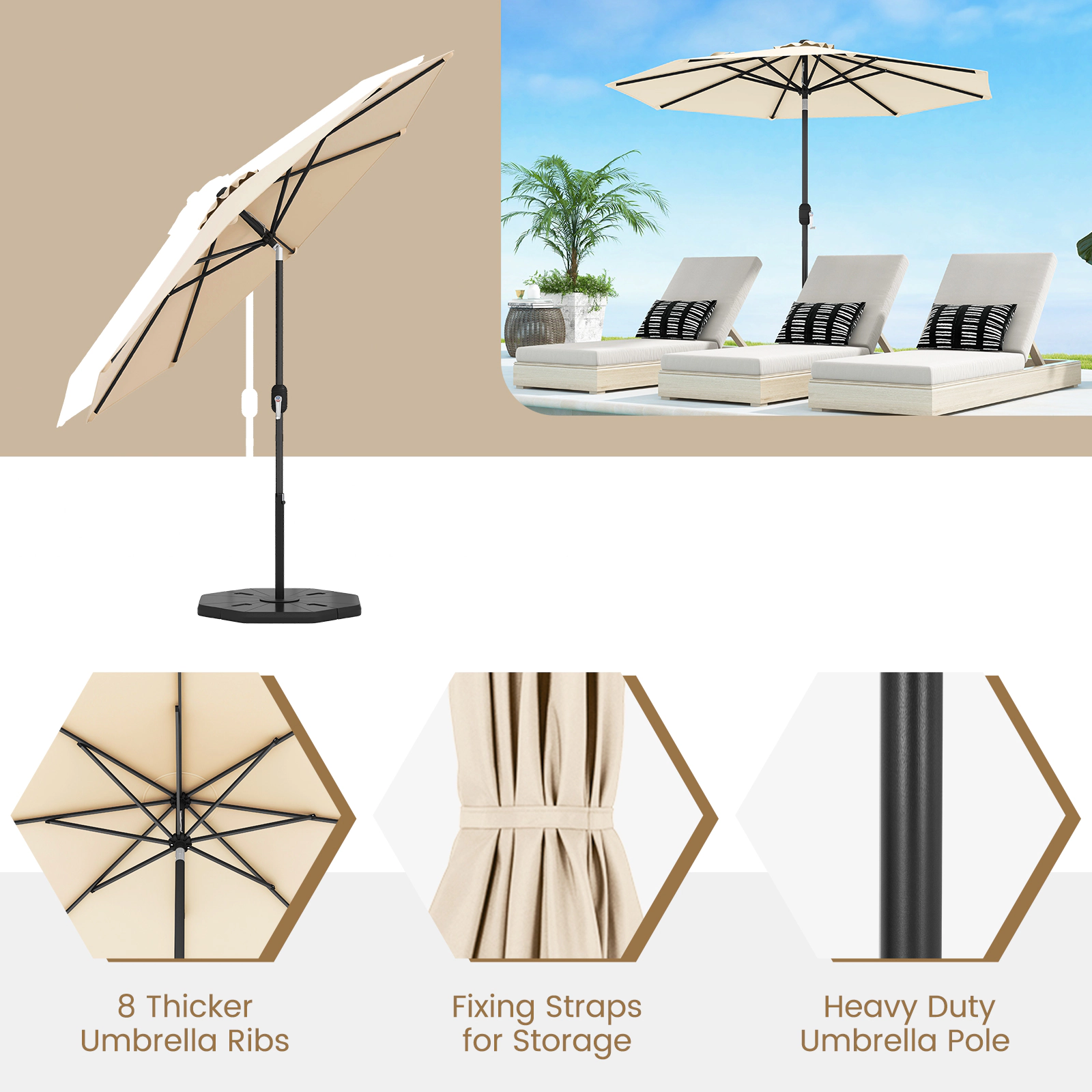 SUGIFT Push Button Tilt Crank Lift and 8 Ribs 9 FT Outdoor Market Patio Table Umbrella