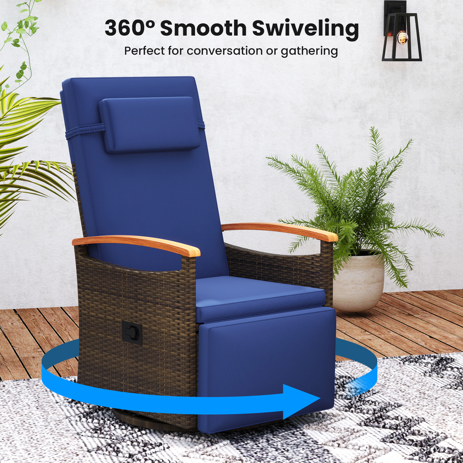 SUGIFT Patio Rattan 360° Swivel Recliner Chair with Adjustable Backrest & Footrest 400-lb Capacity with Side Table Navy