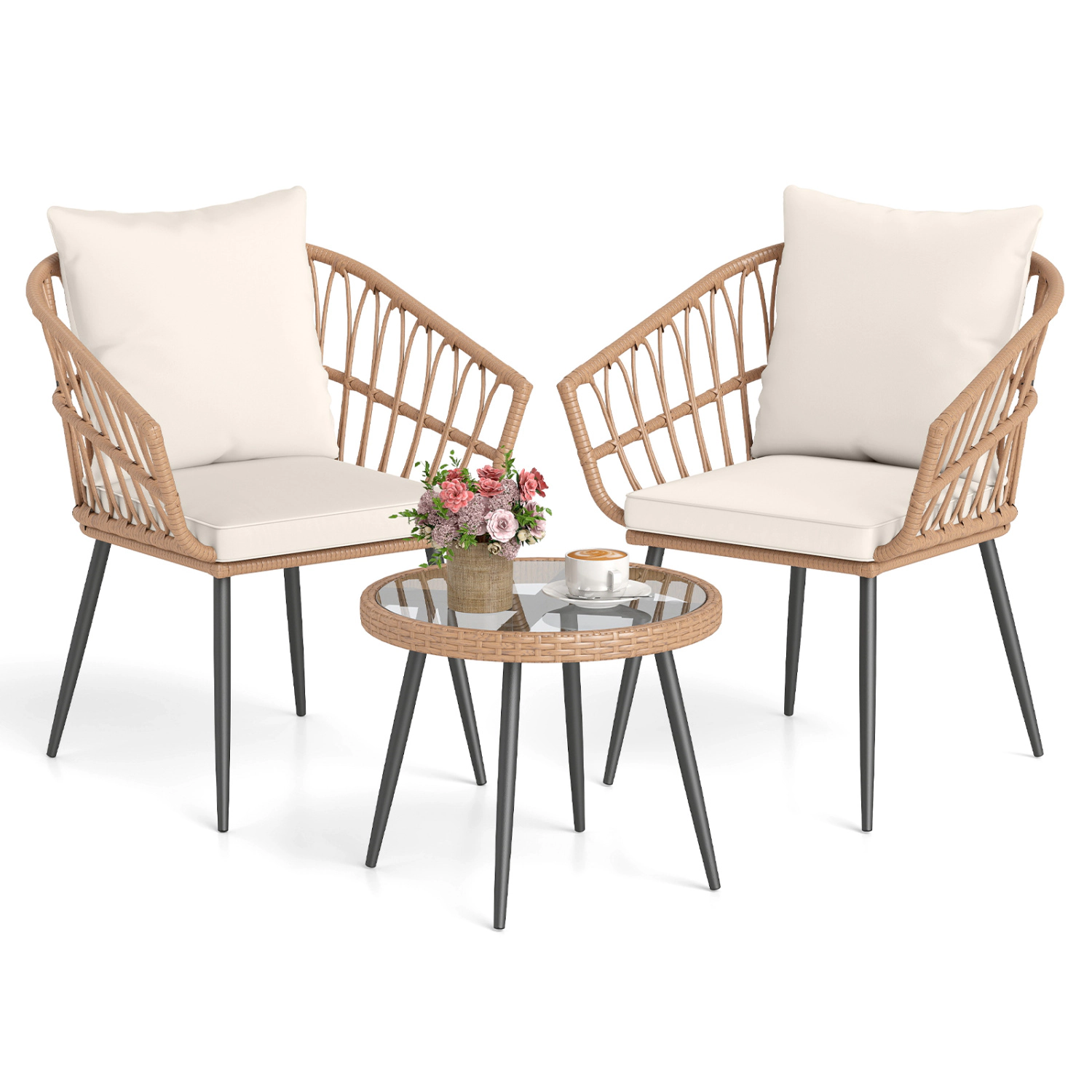 LJG 3 Piece Patio Bistro Set with PE Rattan Wicker Chairs and Tempered Glass Coffee Table