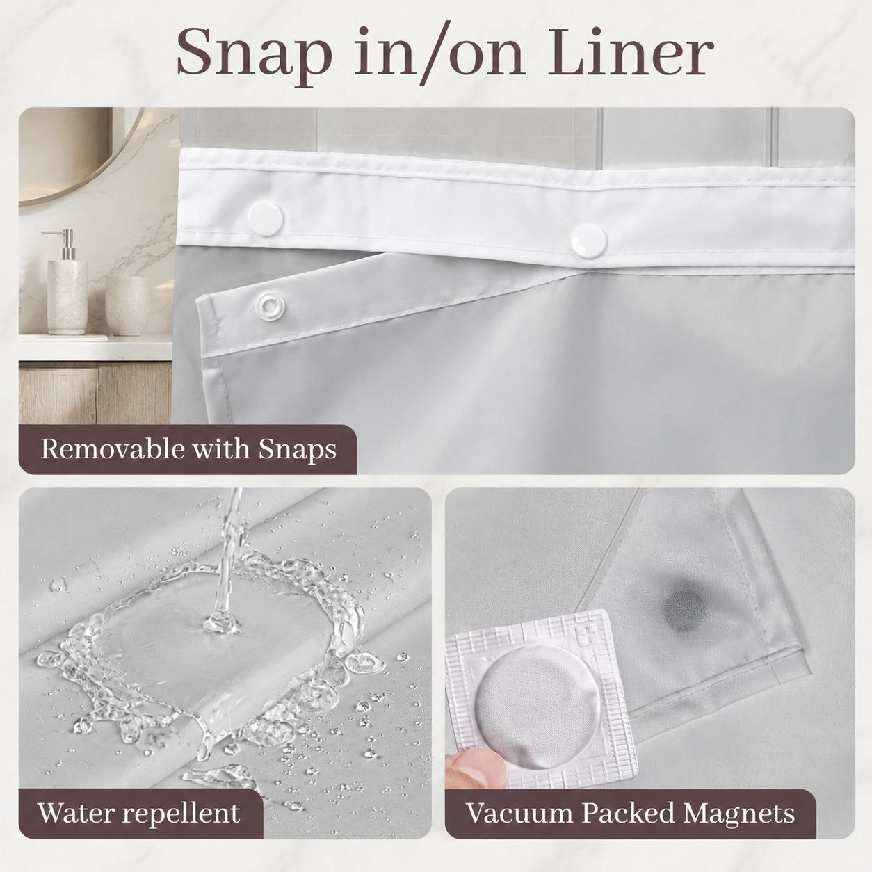 WZK Gray Geometric Snap In Liner Waterproof Machine Washable Hotel Style Shower Curtain Set