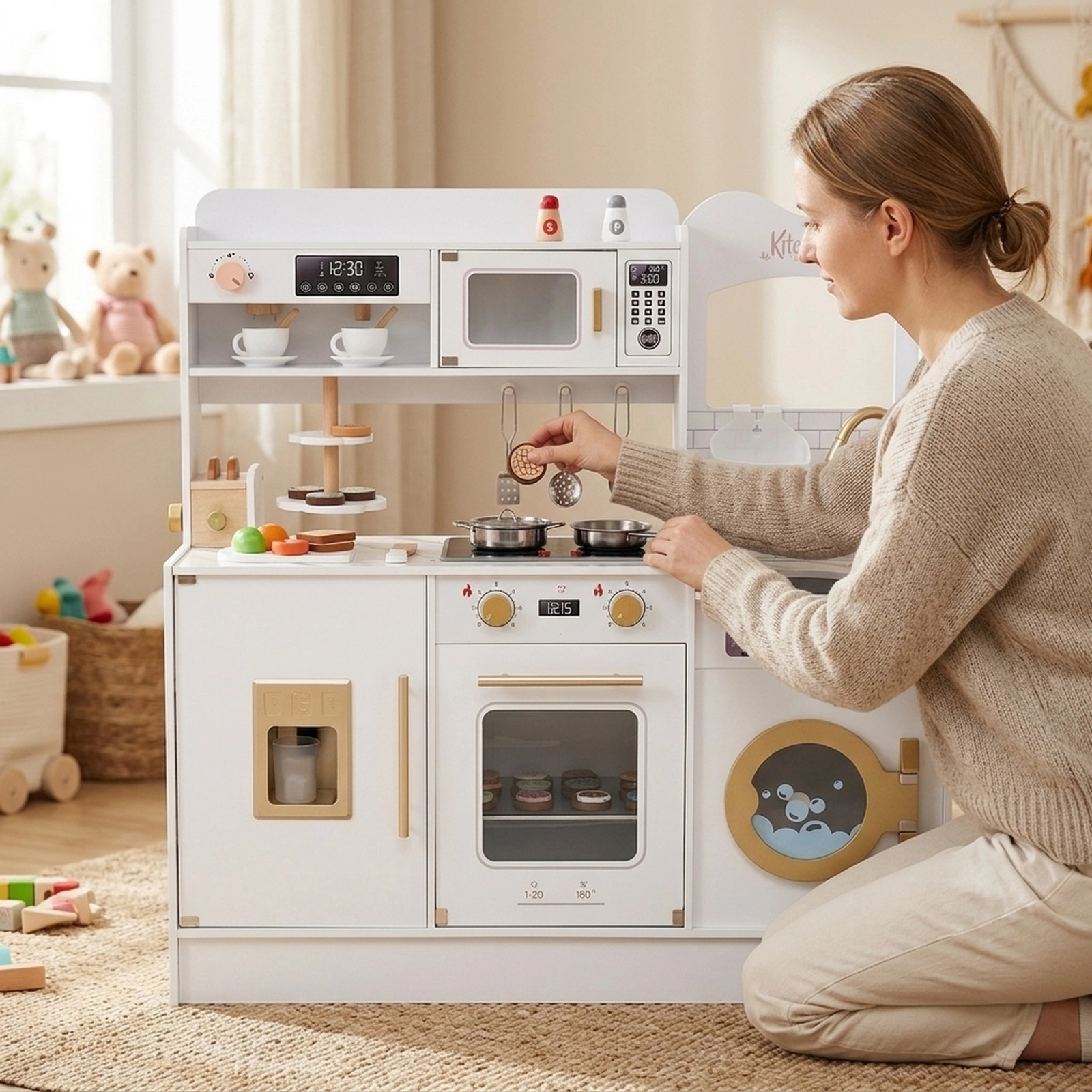 Kids Kitchen 2-Tier Dessert Rack Toaster Ice Dispenser Lights and Sounds 39.5-in Play Kitchen Playset Ages 3+ White
