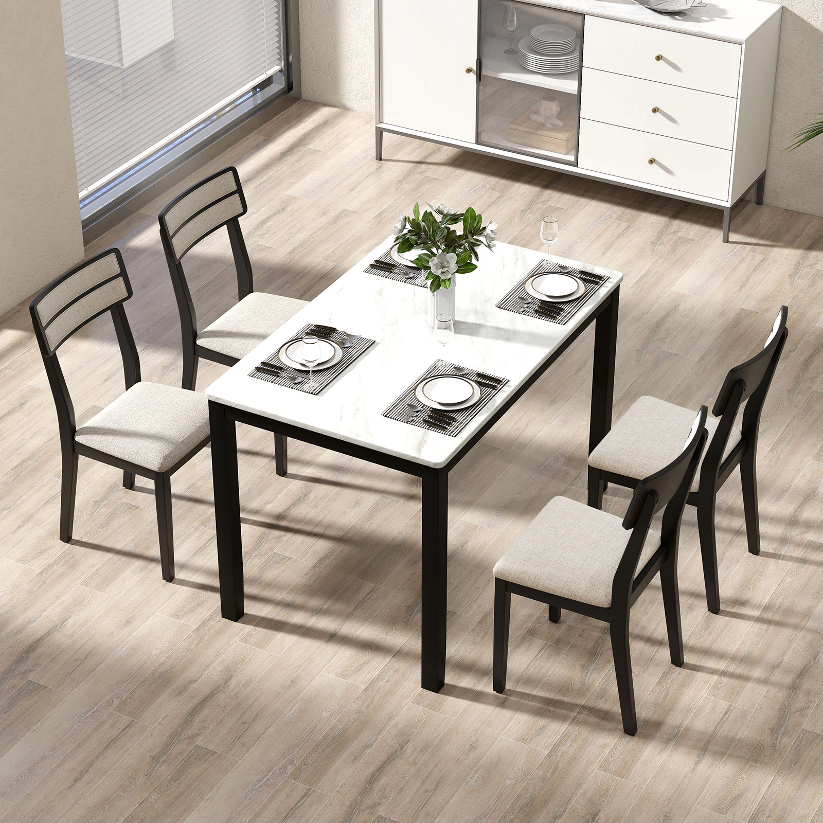 SUGIFT Black Modern Tilt Backrest Padded Seat and Rubber Wood Legs Set of 4 Dining Chairs