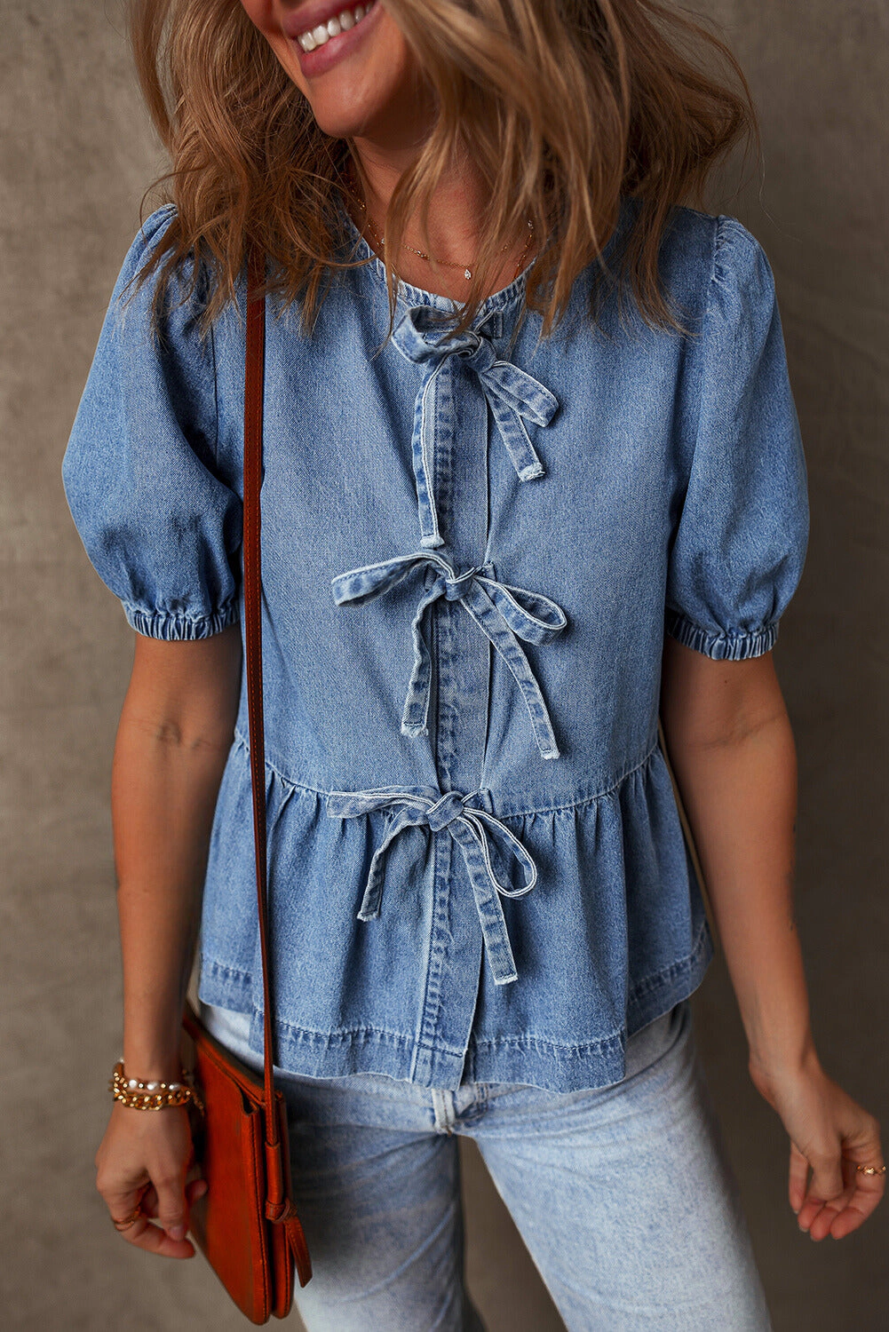 Threaded Pear Women's Hope Tied Front Bubble Sleeve Peplum Denim Shirt