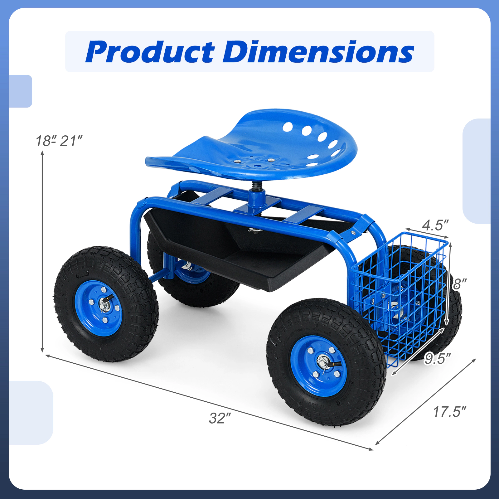 SUGIFT Blue 330-lb Capacity Rolling Garden Cart Seat Stool with Tool Tray Basket and Pneumatic Wheels