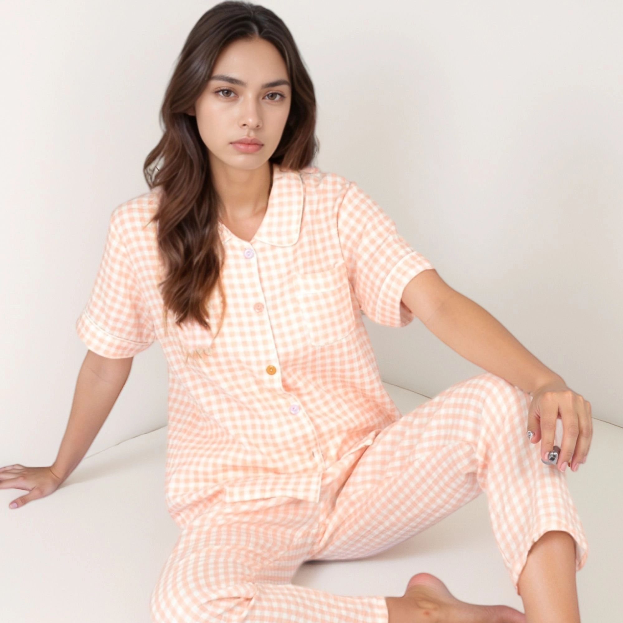 Anna-Kaci Women's Gingham Print Two-Piece Pajama Set with Short Sleeve Button Top and Relaxed Fit Pants