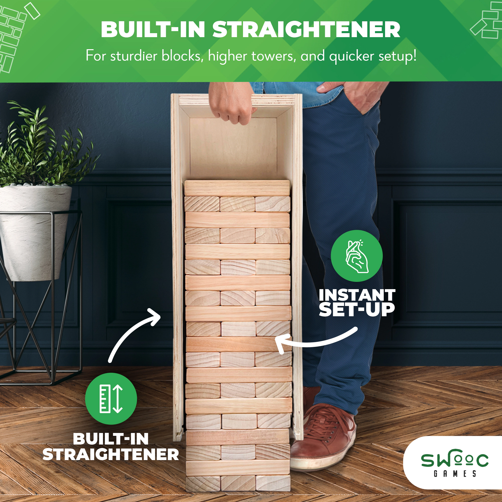 Swooc Games | Premium Giant Tower Game with Straightener, Table, and Box