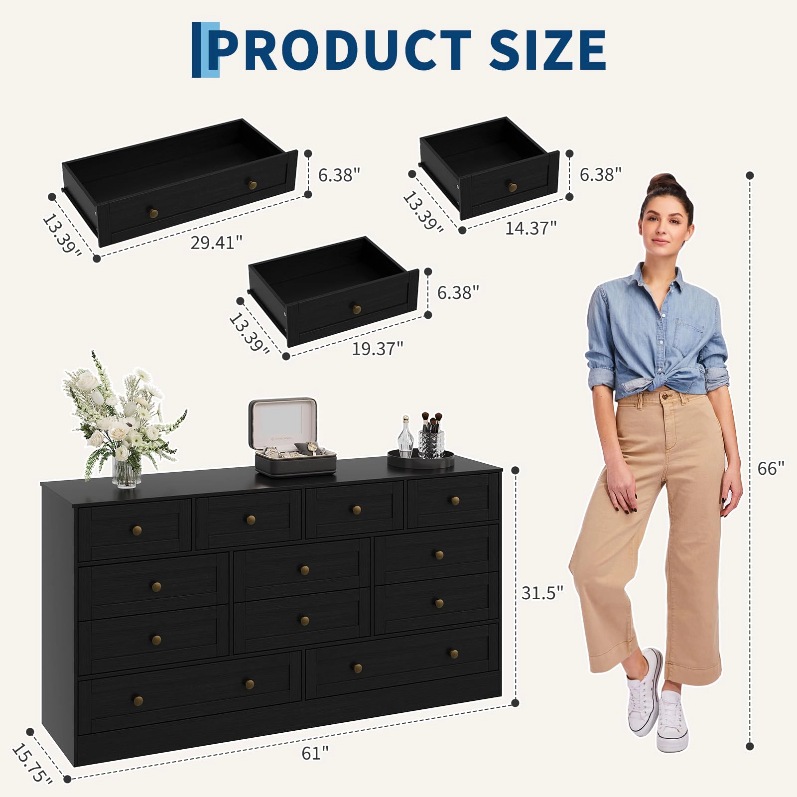 12 Drawer Wooden Dresser, Modern TV Stand for 65" TV, Storage Organizer Bedroom or Living Room