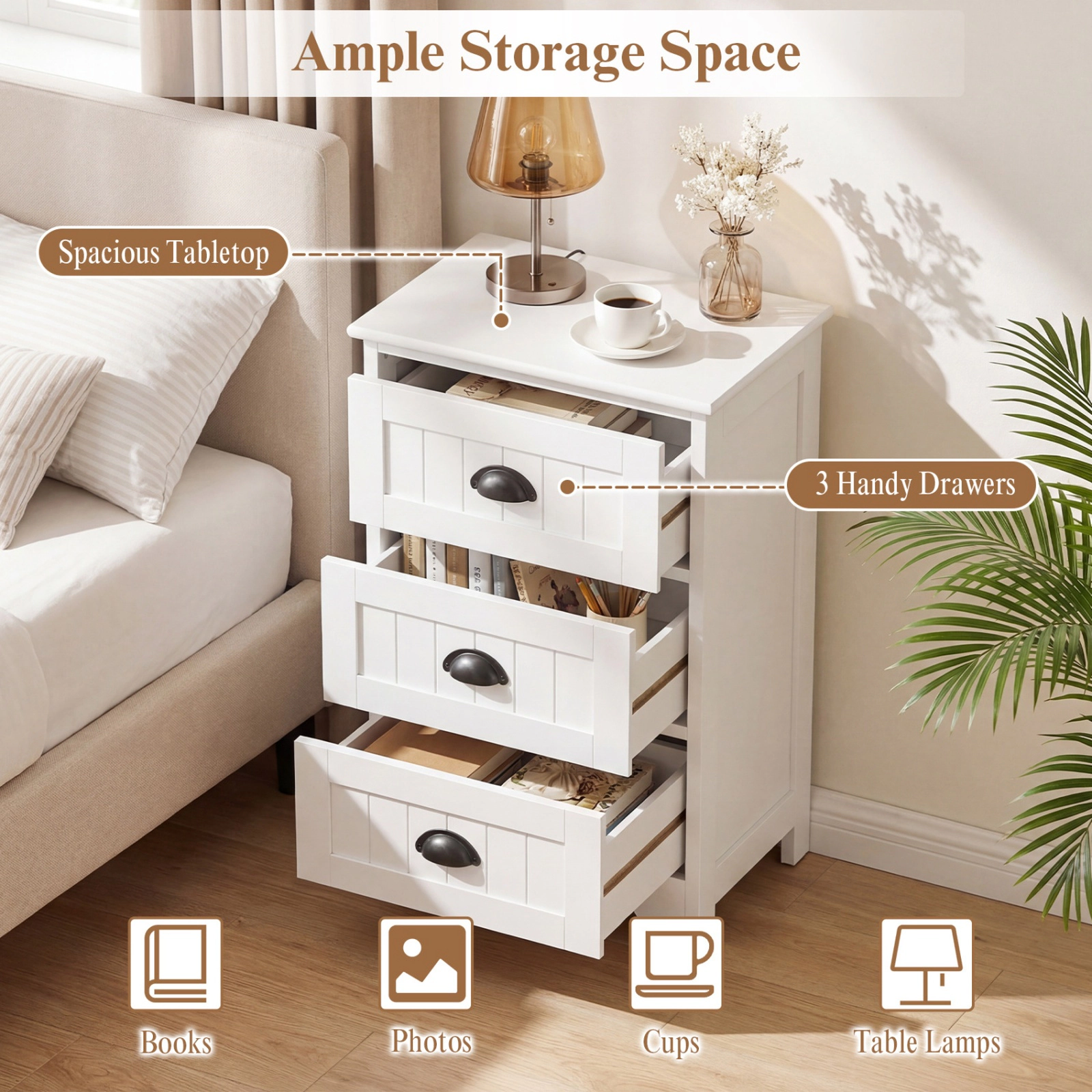 SUGIFT 3-Drawer MDF Nightstand with Storage End Table 88-lb Tabletop Capacity 20-lb Drawer Capacity 27-in Tall White