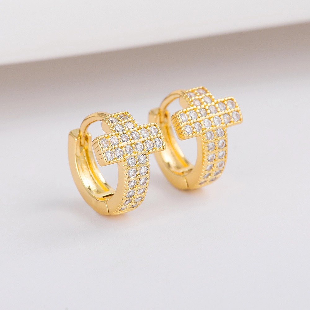 Pave Cubic Zirconia Gold Plated Cross Huggie Earring