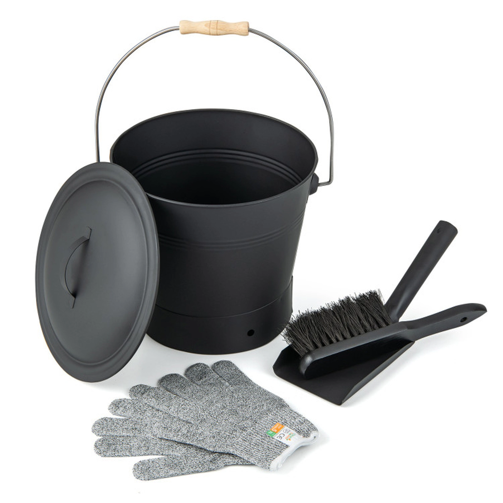 SUGIFT 11-Inch Metal Ash Bucket with Lid, Shovel, Brush and Level 5 Cut-Resistant Gloves